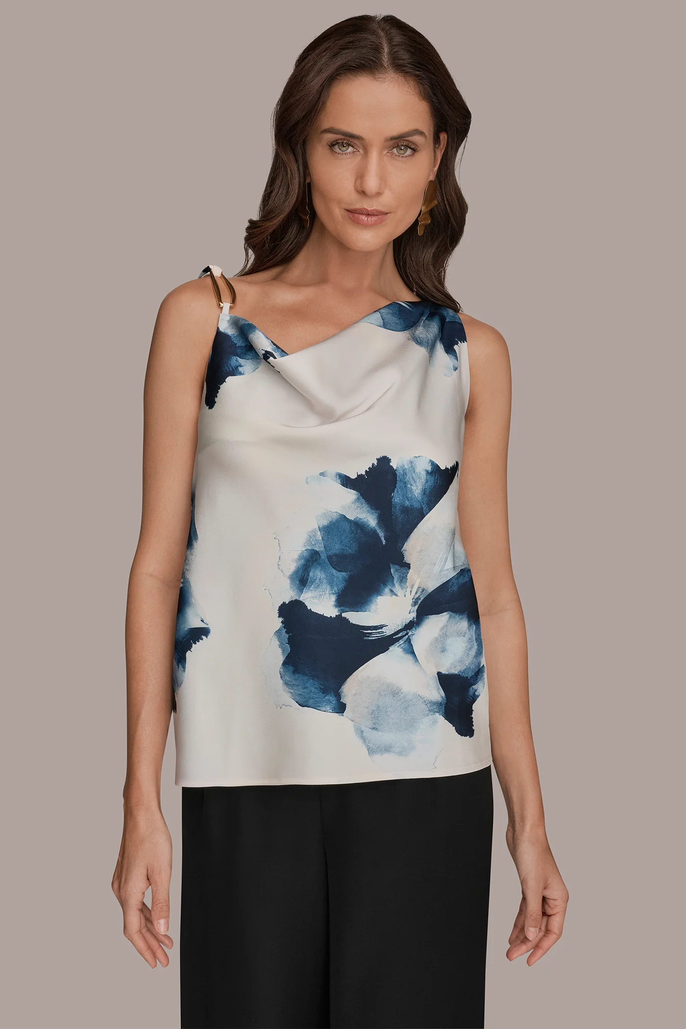 SATIN FLORAL COWL-NECK CUTOUT SHOULDER CAMI - VXVOV