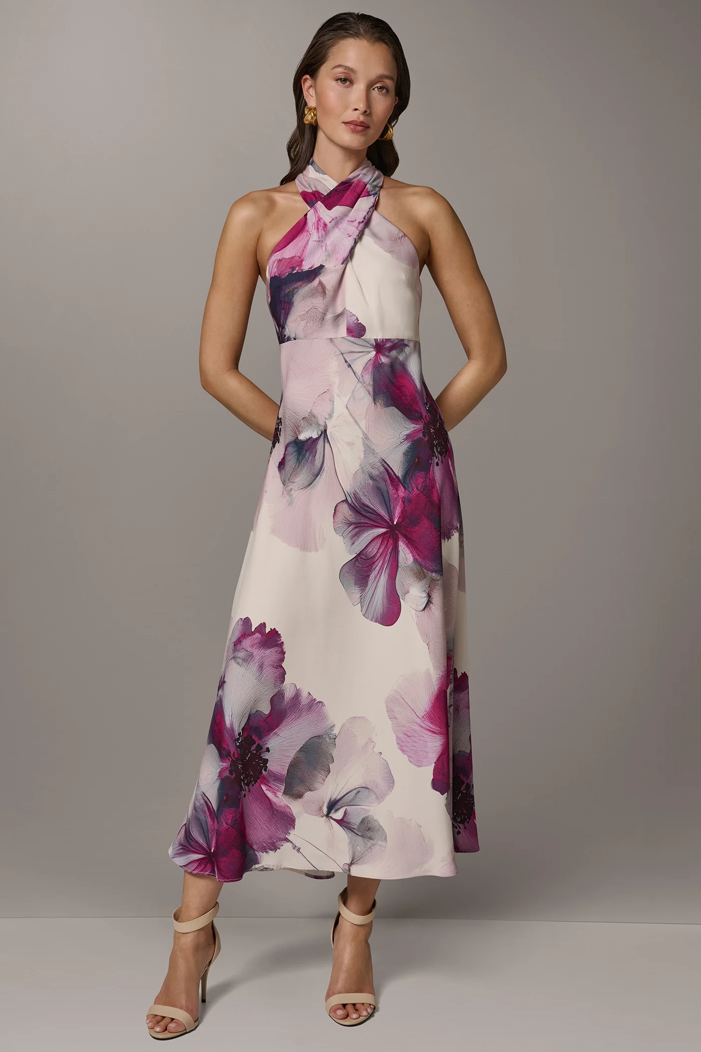 SLEEVELESS CROSS-FRONT MIDI A-LINE HALTER DRESS - VXVOV