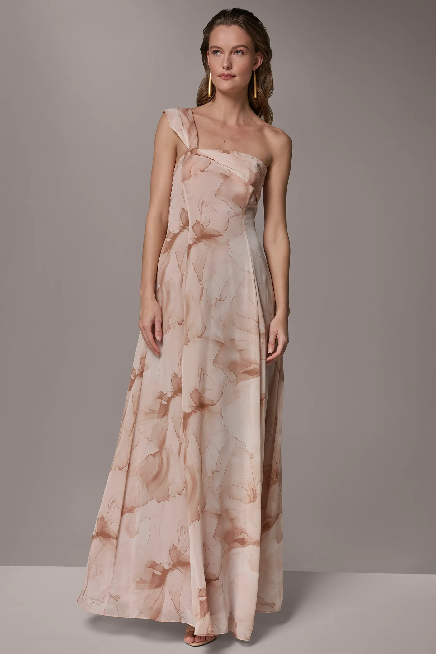 CHIFFON FLORAL ONE-SHOULDER TWIST BALL GOWN - VXVOV