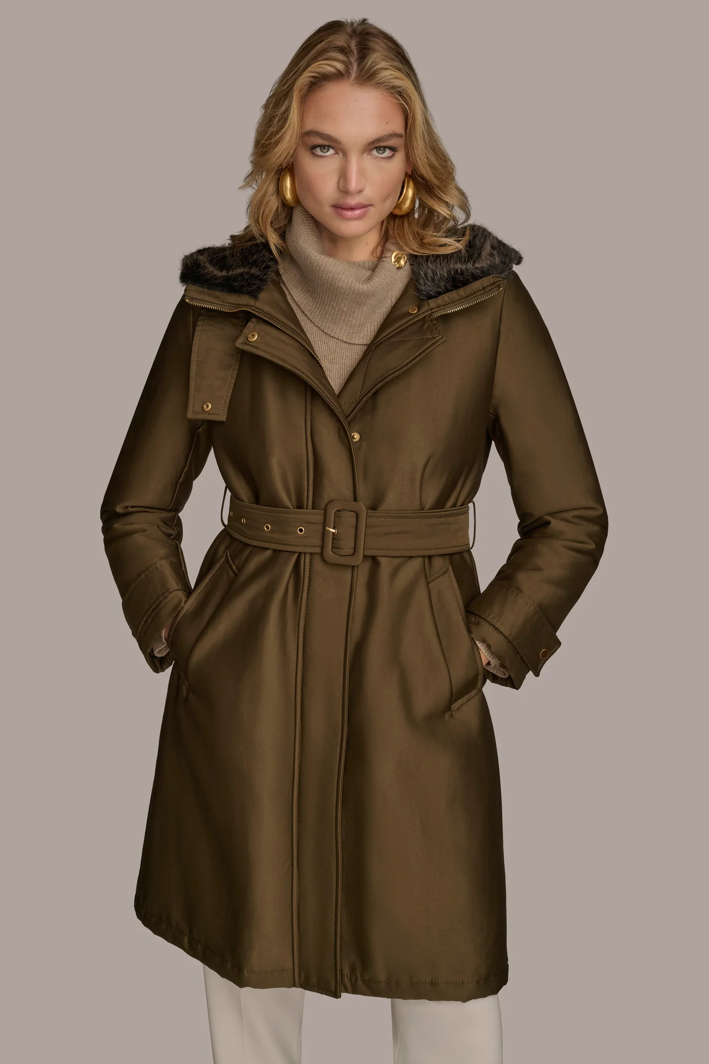 FAUX FUR TRIM LINED RAIN COAT - VXVOV