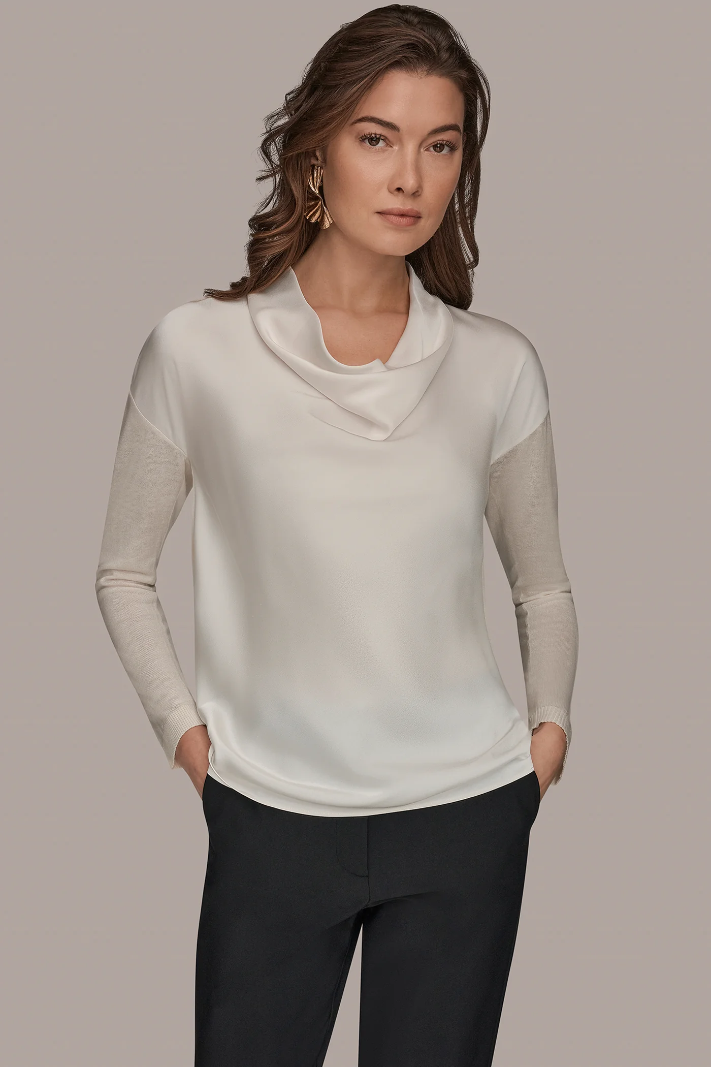LONG SLEEVE COWL-NECK MIXED-MEDIA SWEATER - VXVOV