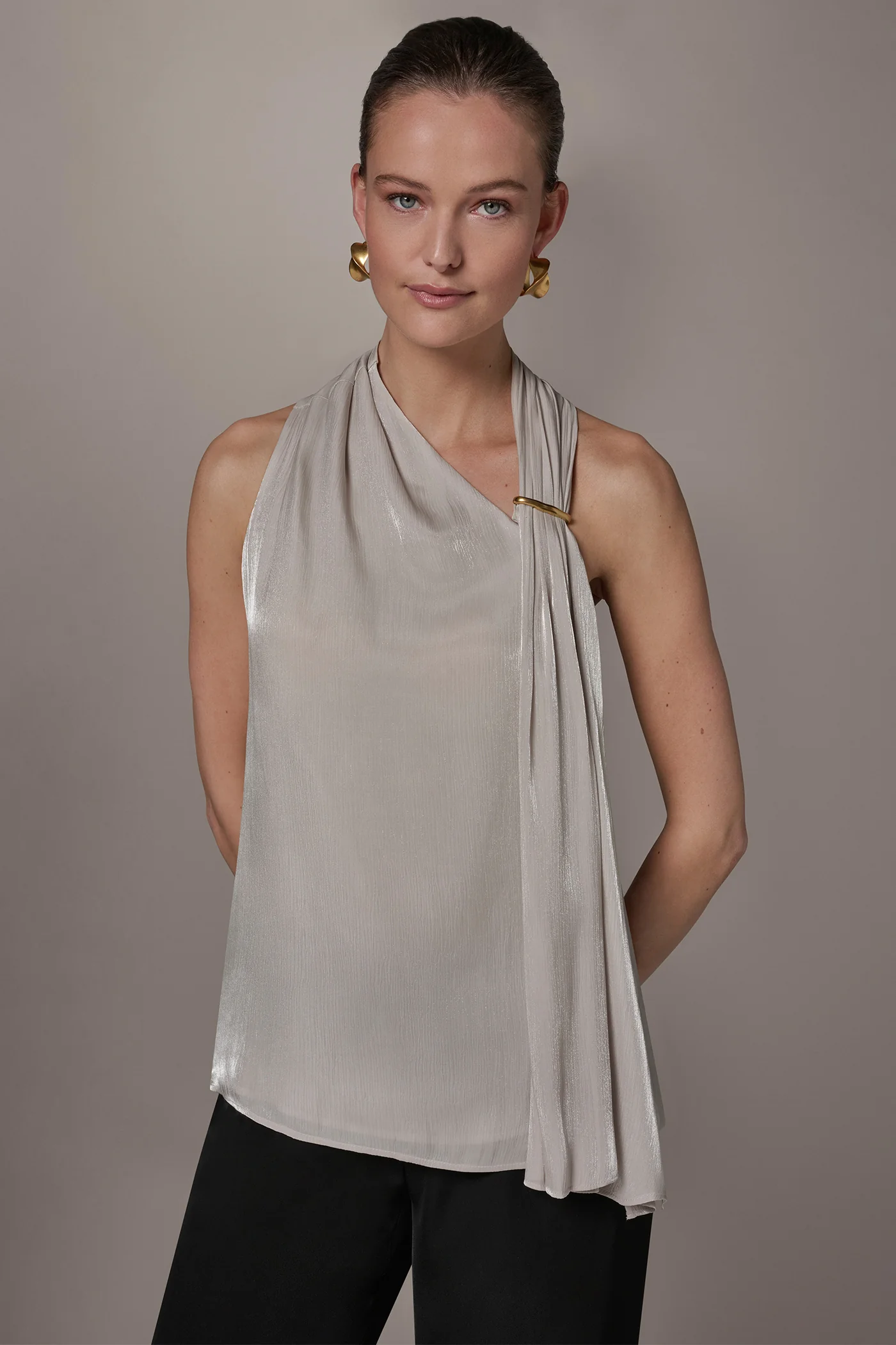 METALLIC ASYMMETRIC SCARF HALTER BLOUSE - VXVOV