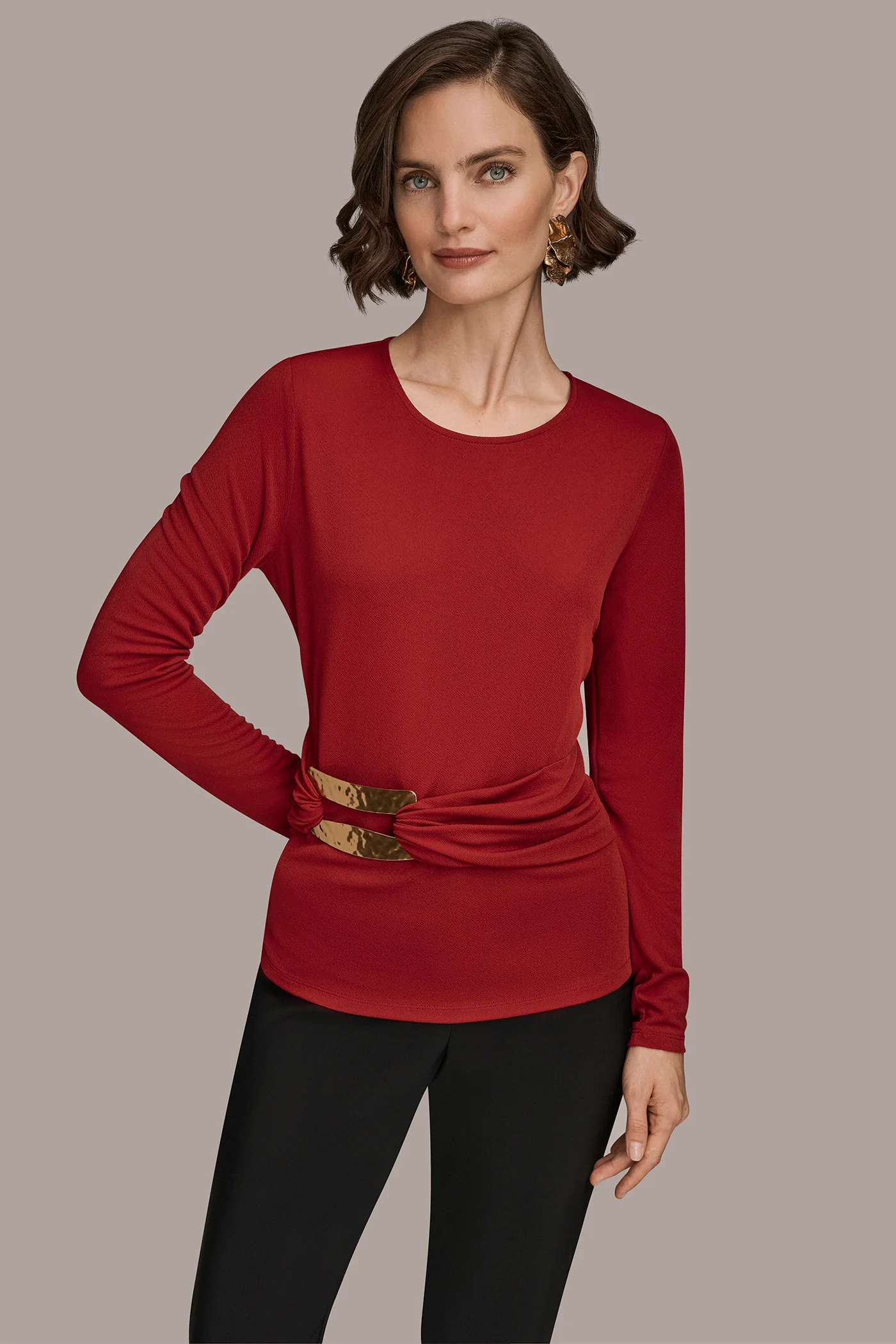 LONG SLEEVE CREW-NECK BUCKLE BLOUSE - VXVOV