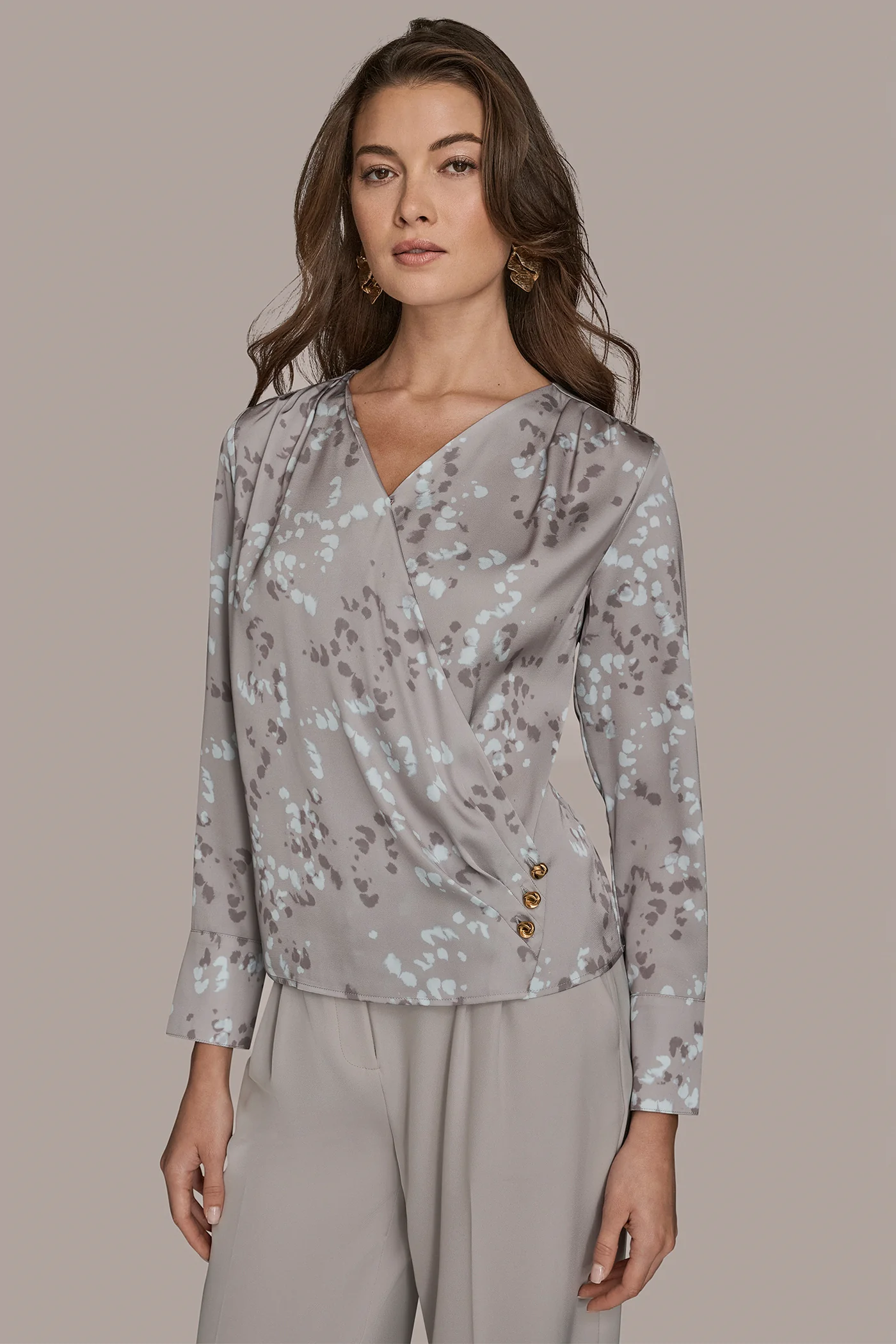 LONG SLEEVE FAUX-WRAP BLOUSE - VXVOV