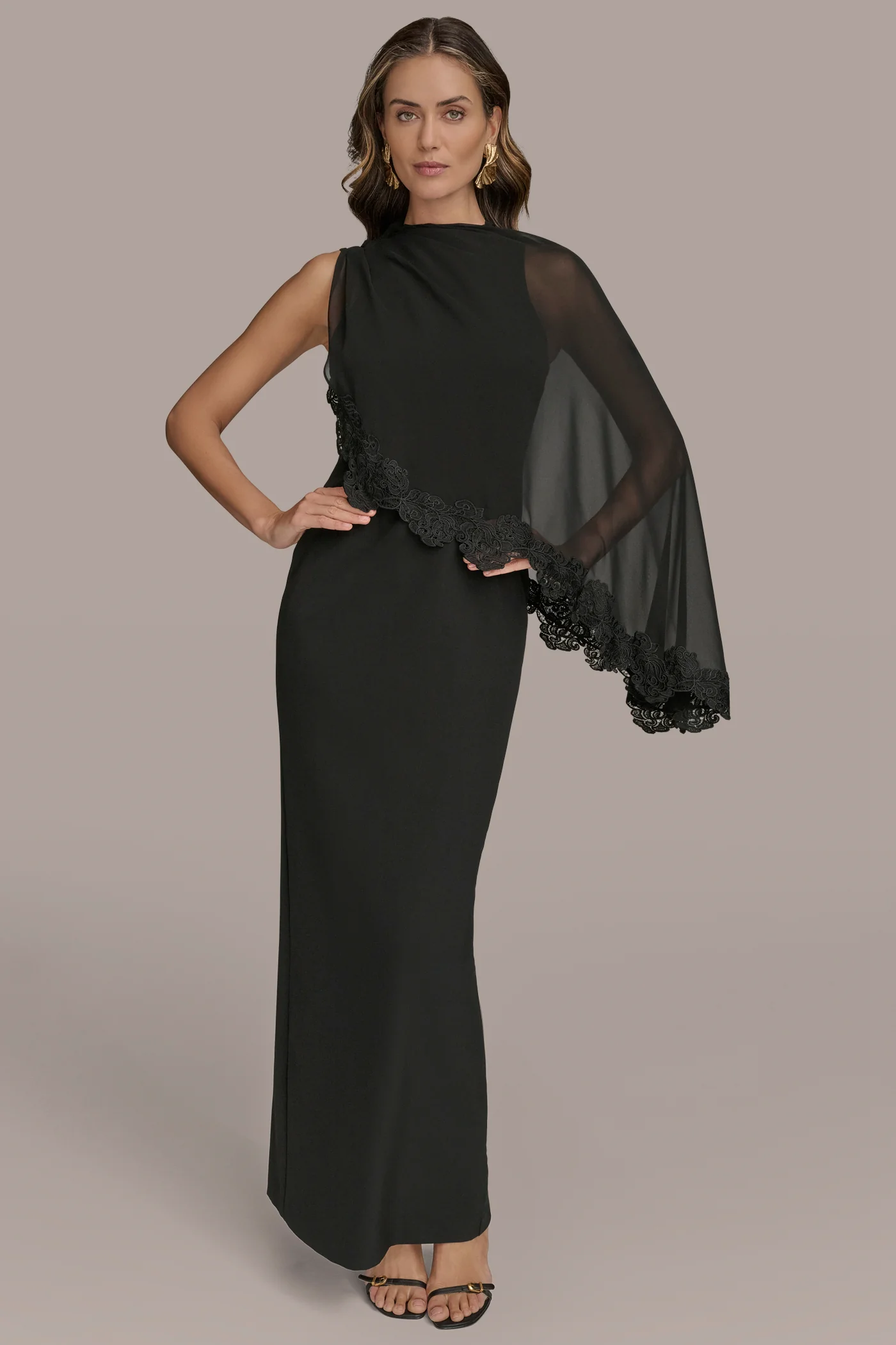 SLEEVELESS CAPE OVERLAY GOWN - VXVOV