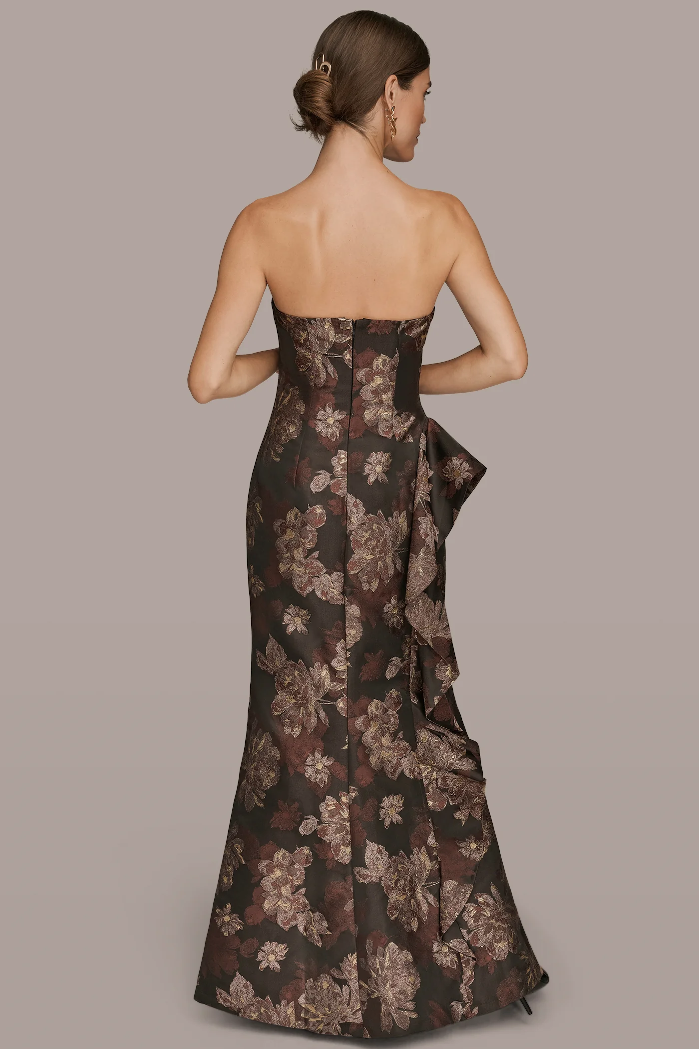 FLORAL BROCADE STRAPLESS RUFFLE GOWN - VXVOV
