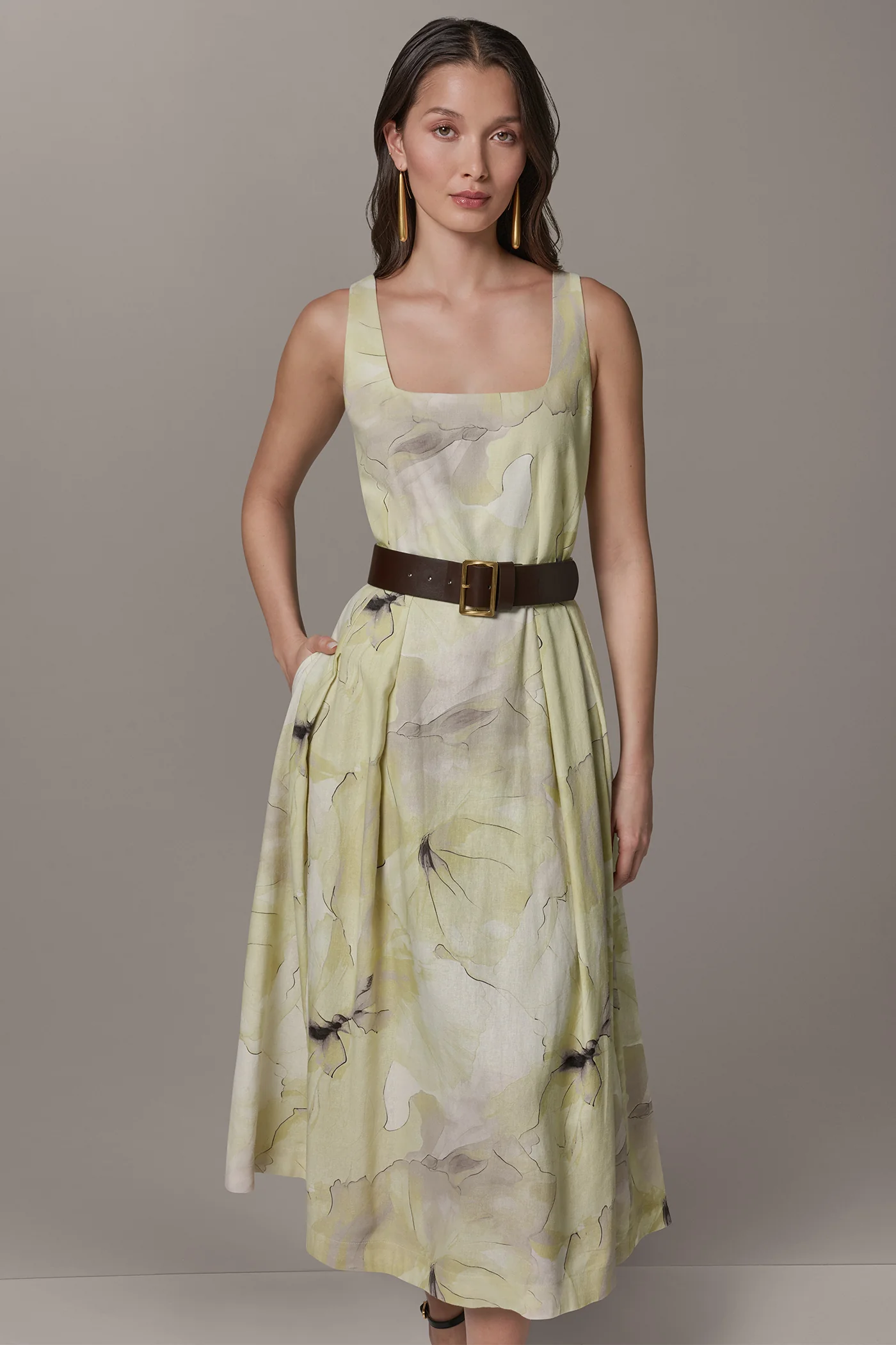 SLEEVELESS SQUARE NECK PRINTED BELTED MIDI FIT AND FLARE DRESS - VXVOV