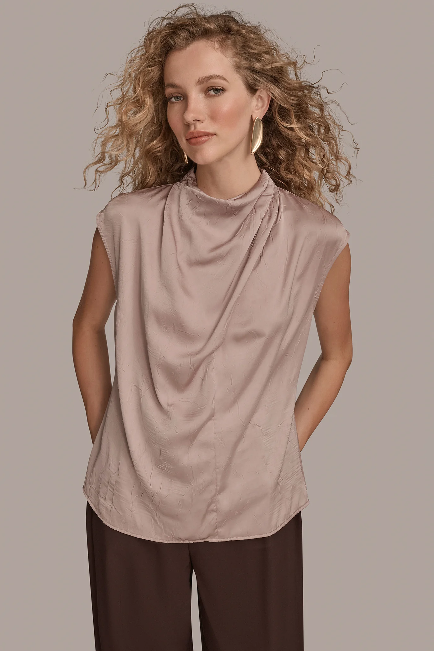 CRINKLE-SATIN CAP SLEEVE COWL-NECK TOP - VXVOV