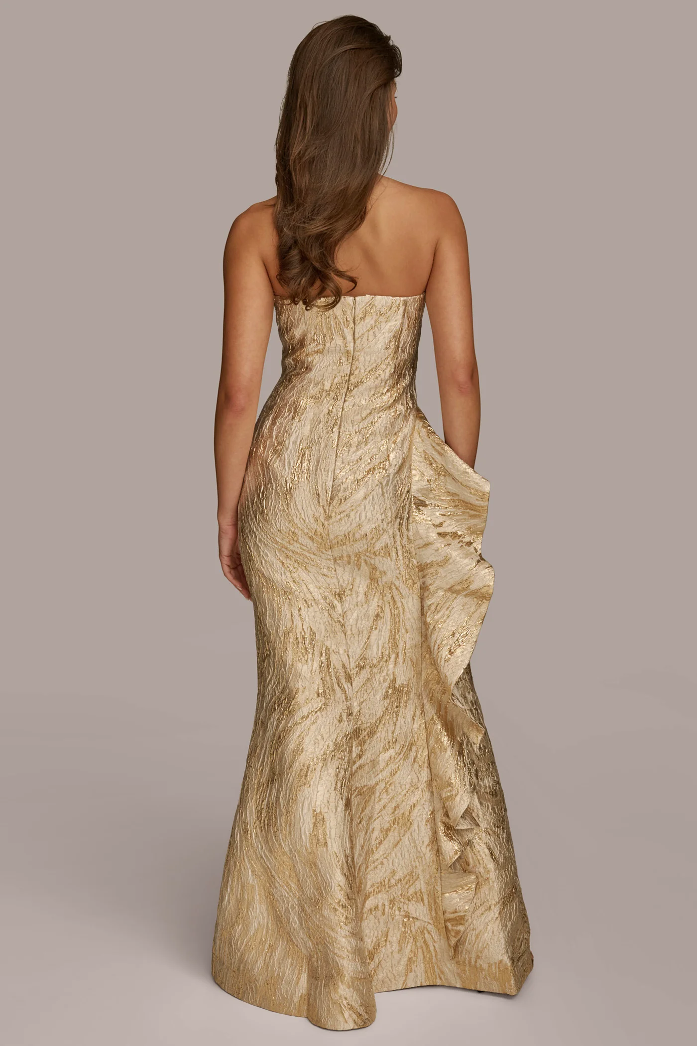 BROCADE STRAPLESS RUFFLE GOWN - VXVOV