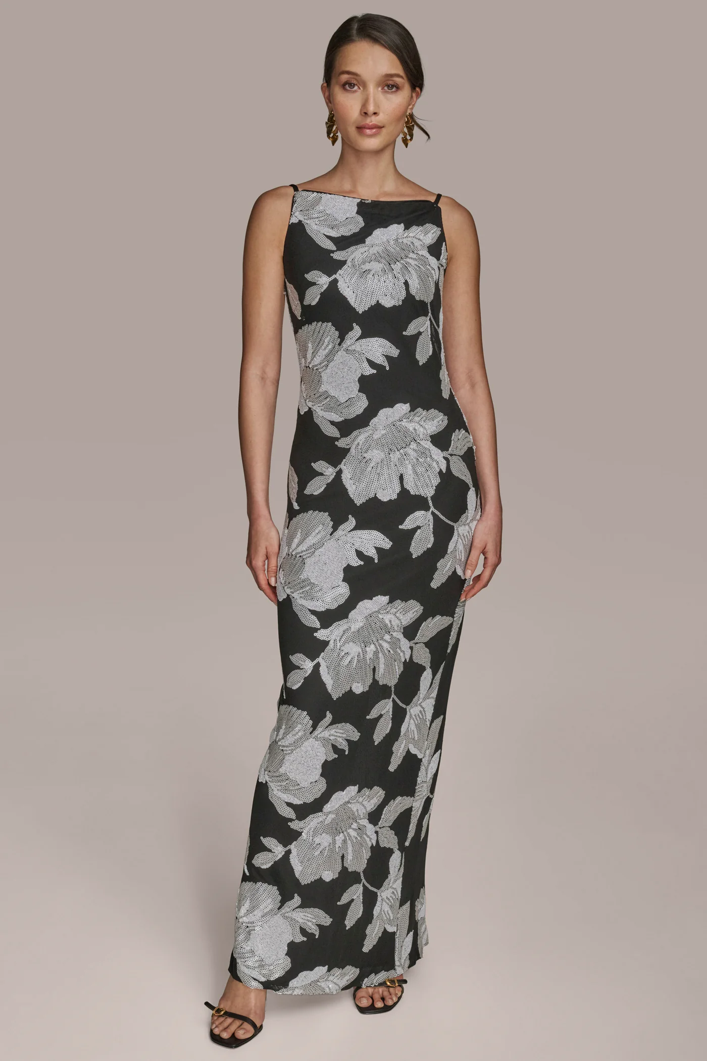 FLORAL SEQUIN SLEEVELESS BOATNECK GOWN - VXVOV
