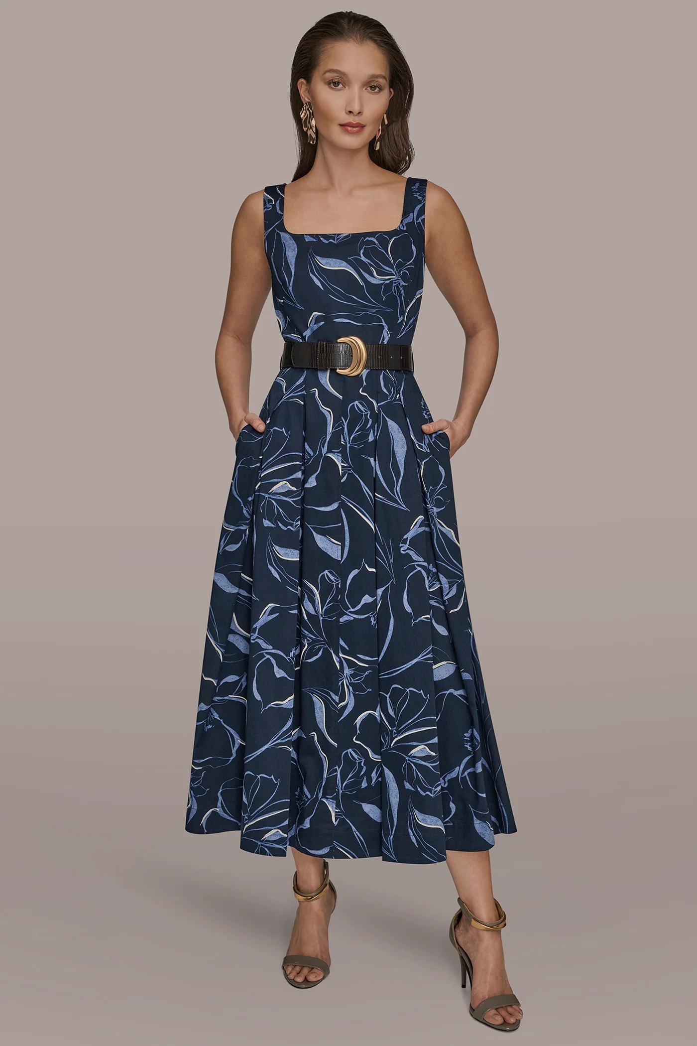 COTTON FLORAL SQUARE-NECK MIDI DRESS - VXVOV