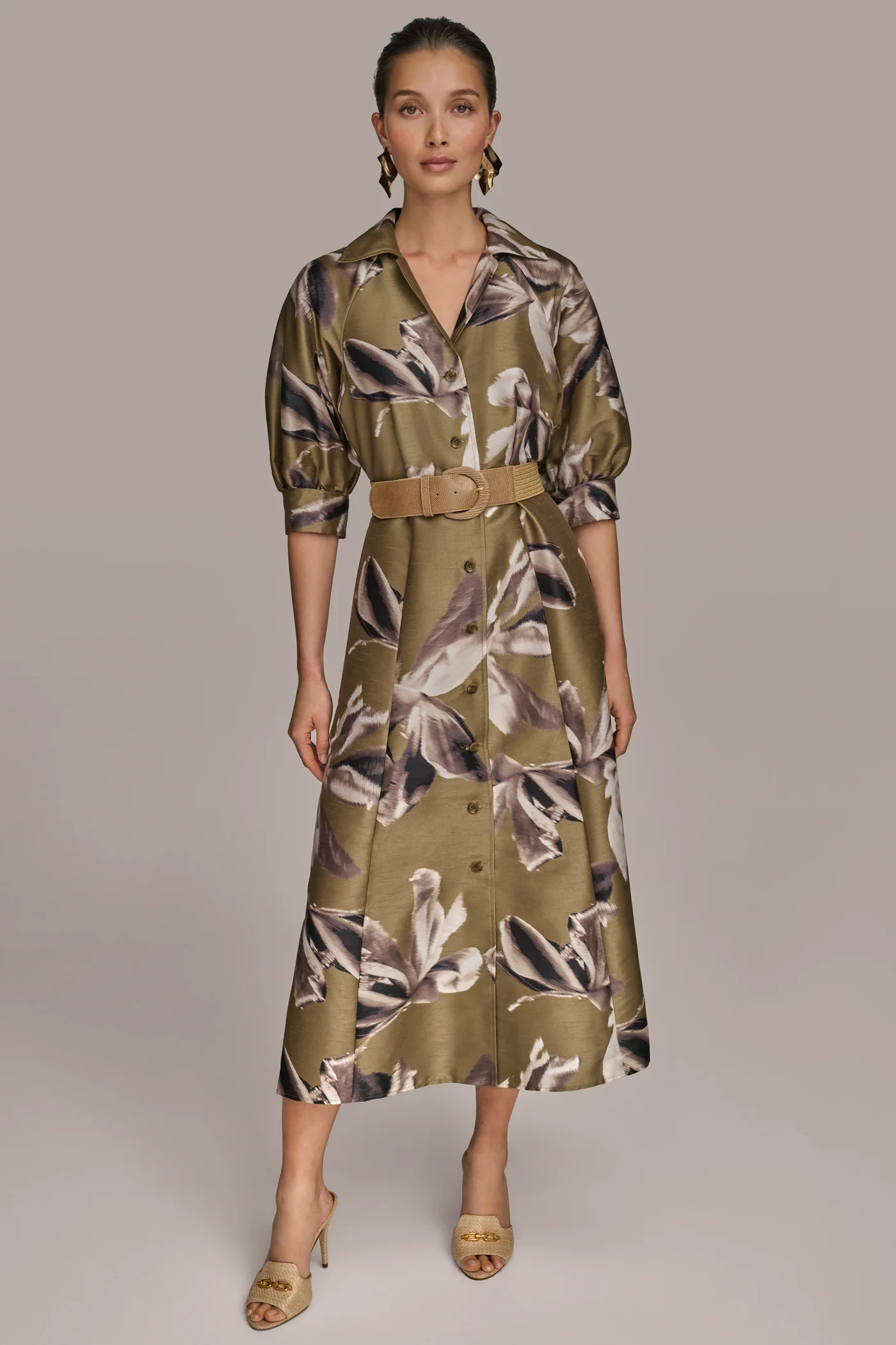 FLORAL PUFF SLEEVE MIDI SHIRT DRESS - VXVOV