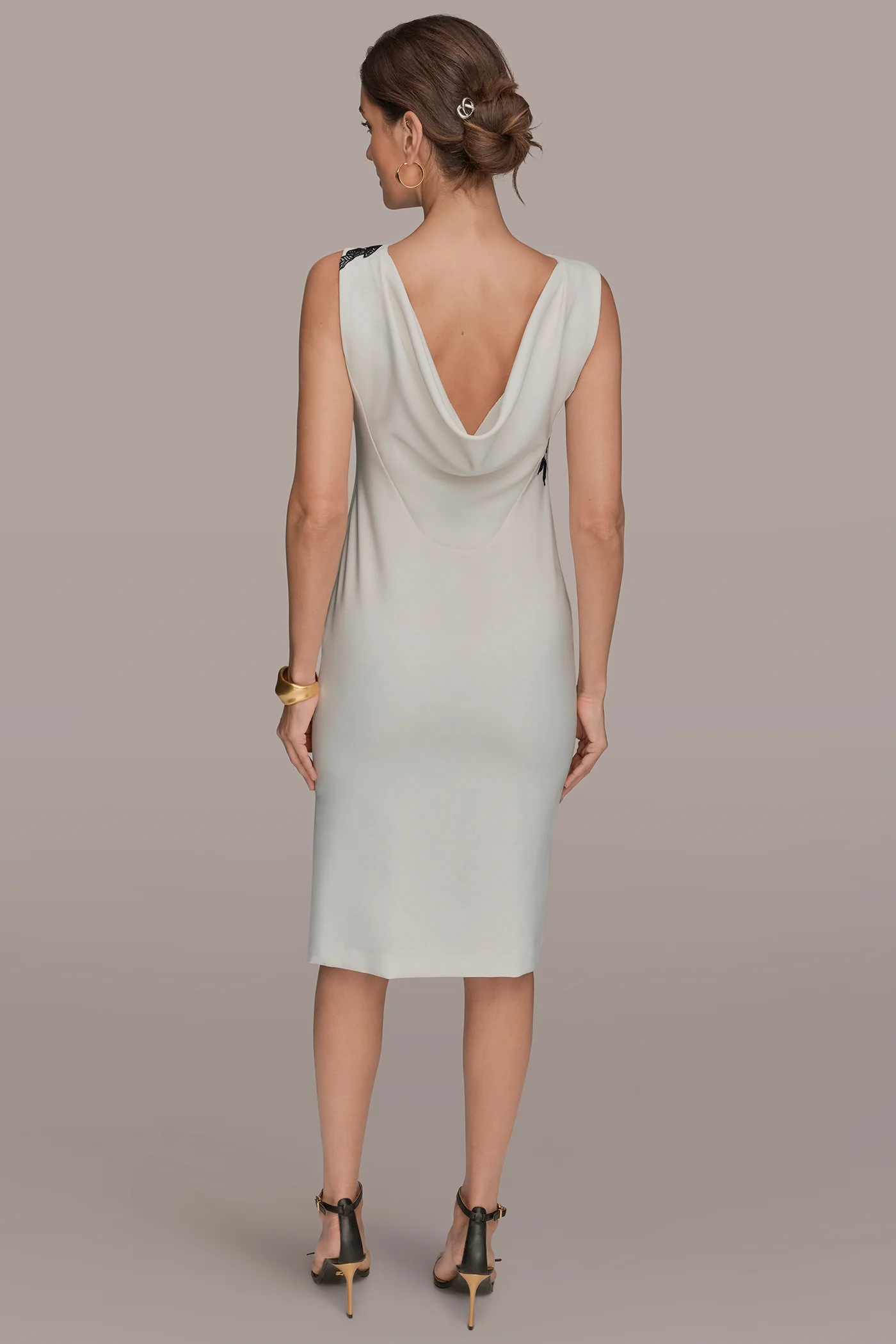 FLORAL APPLIQU   SLEEVELESS COWL-BACK SHEATH DRESS - VXVOV