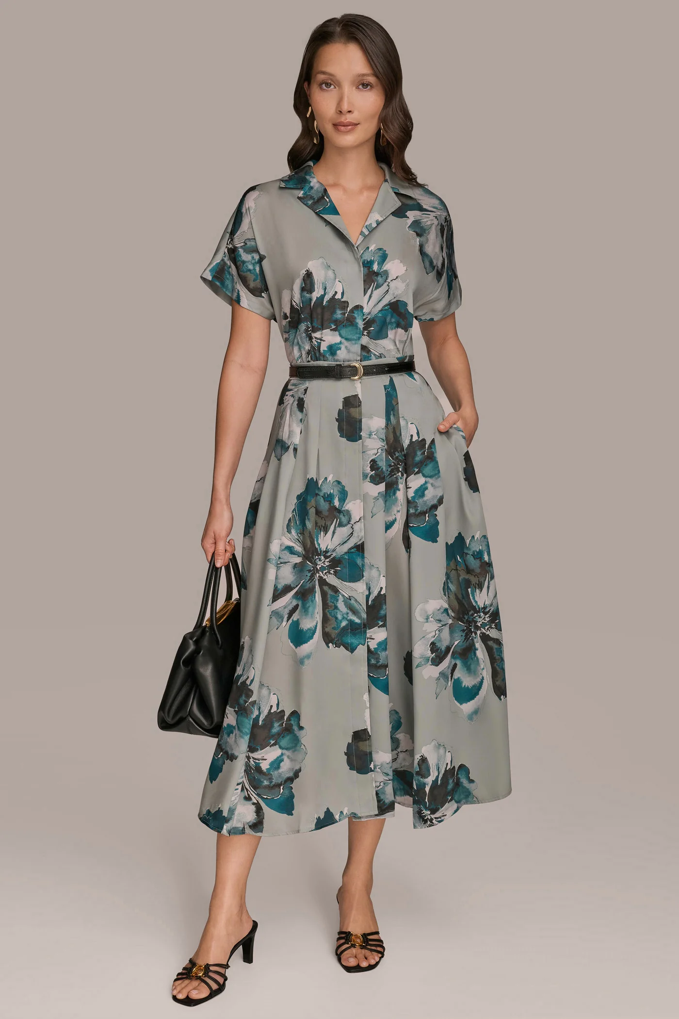 SHORT SLEEVE FLORAL MIDI SHIRT DRESS - VXVOV