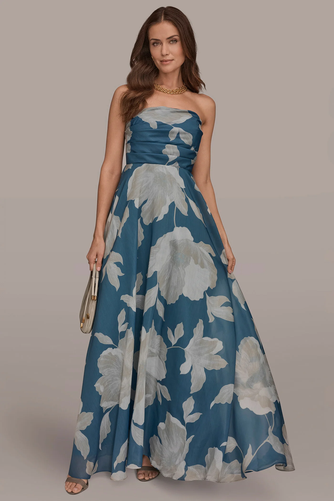ORGANZA STRAPLESS FLORAL PLEATED GOWN - VXVOV