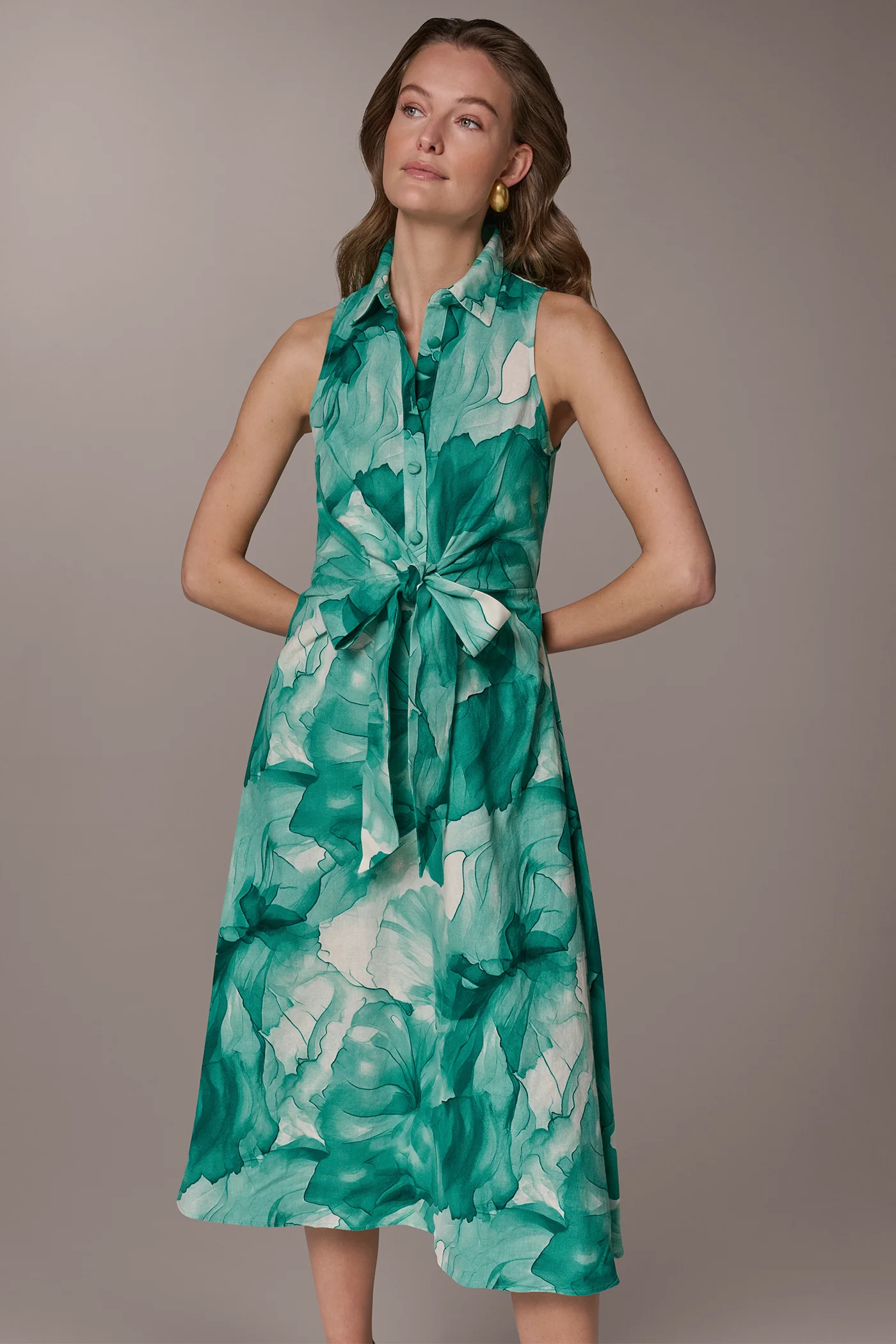 LINEN-BLEND FLORAL MIDI SHIRT DRESS - VXVOV