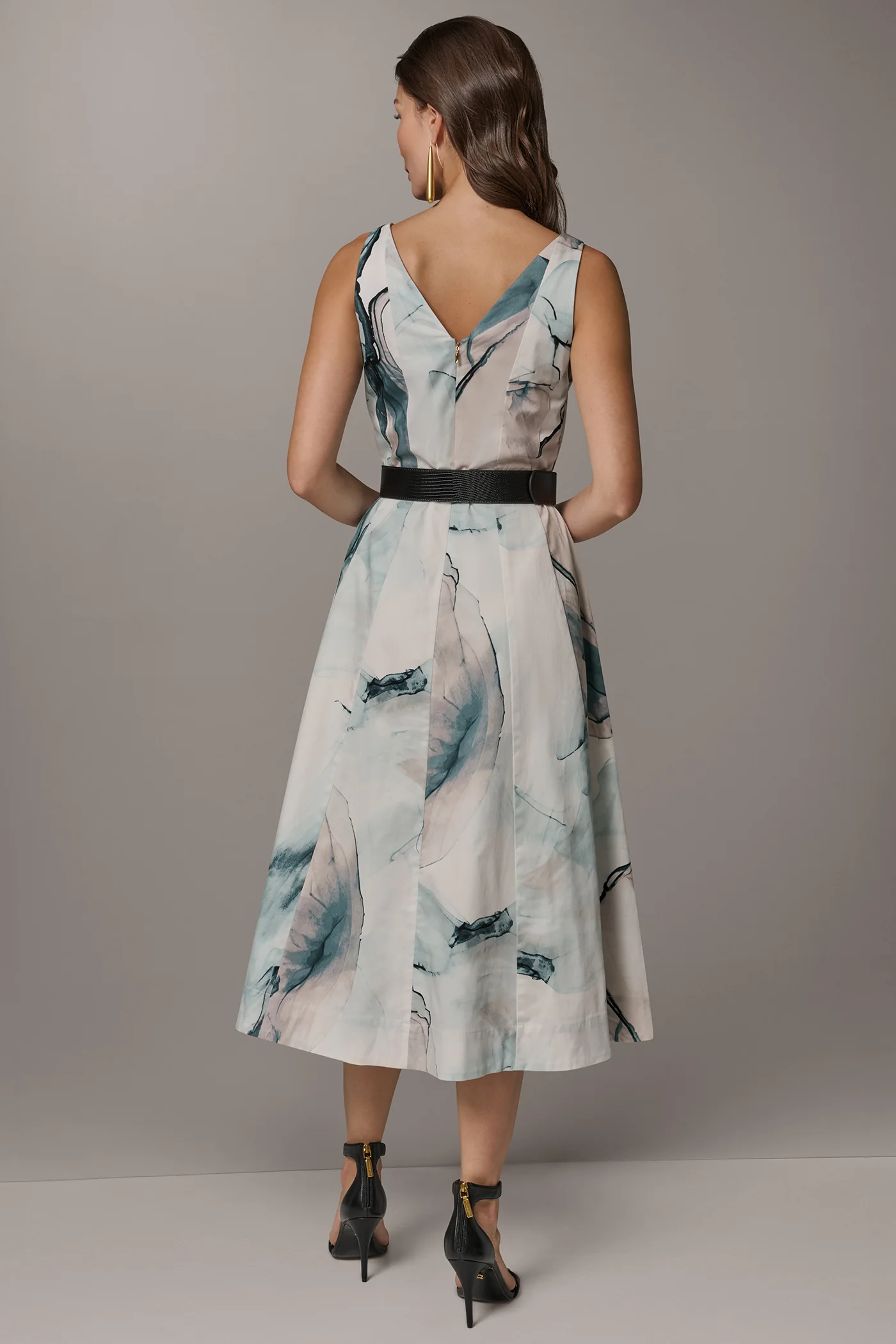 STRETCH-COTTON PRINTED MIDI FIT AND FLARE DRESS - VXVOV
