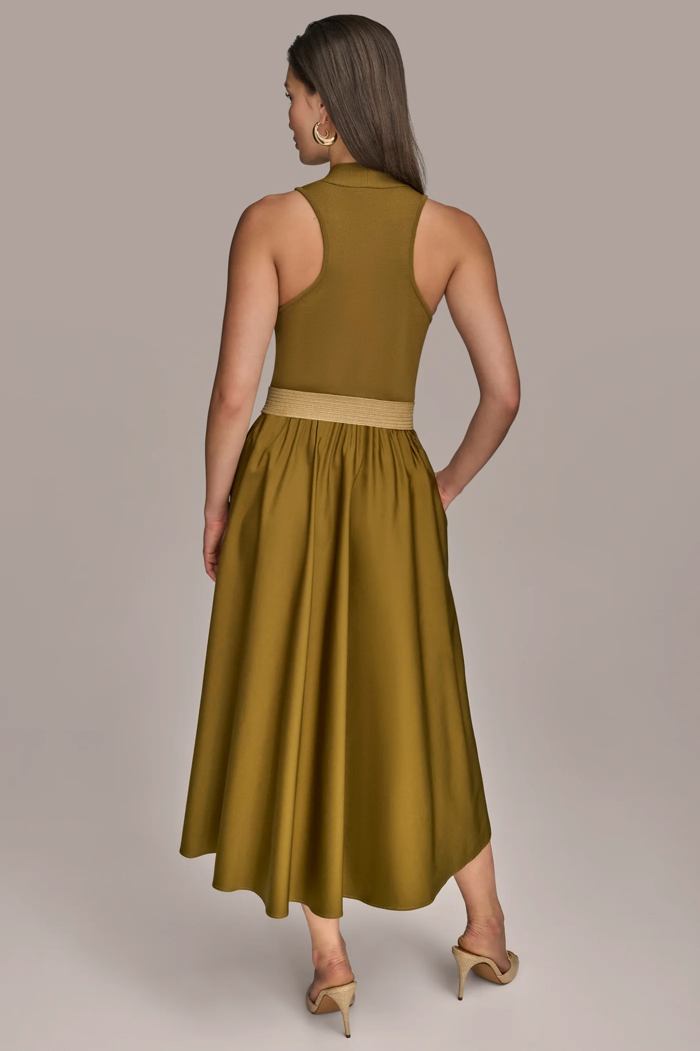 SLEEVELESS V-NECK MIDI MIXED-MEDIA DRESS - VXVOV
