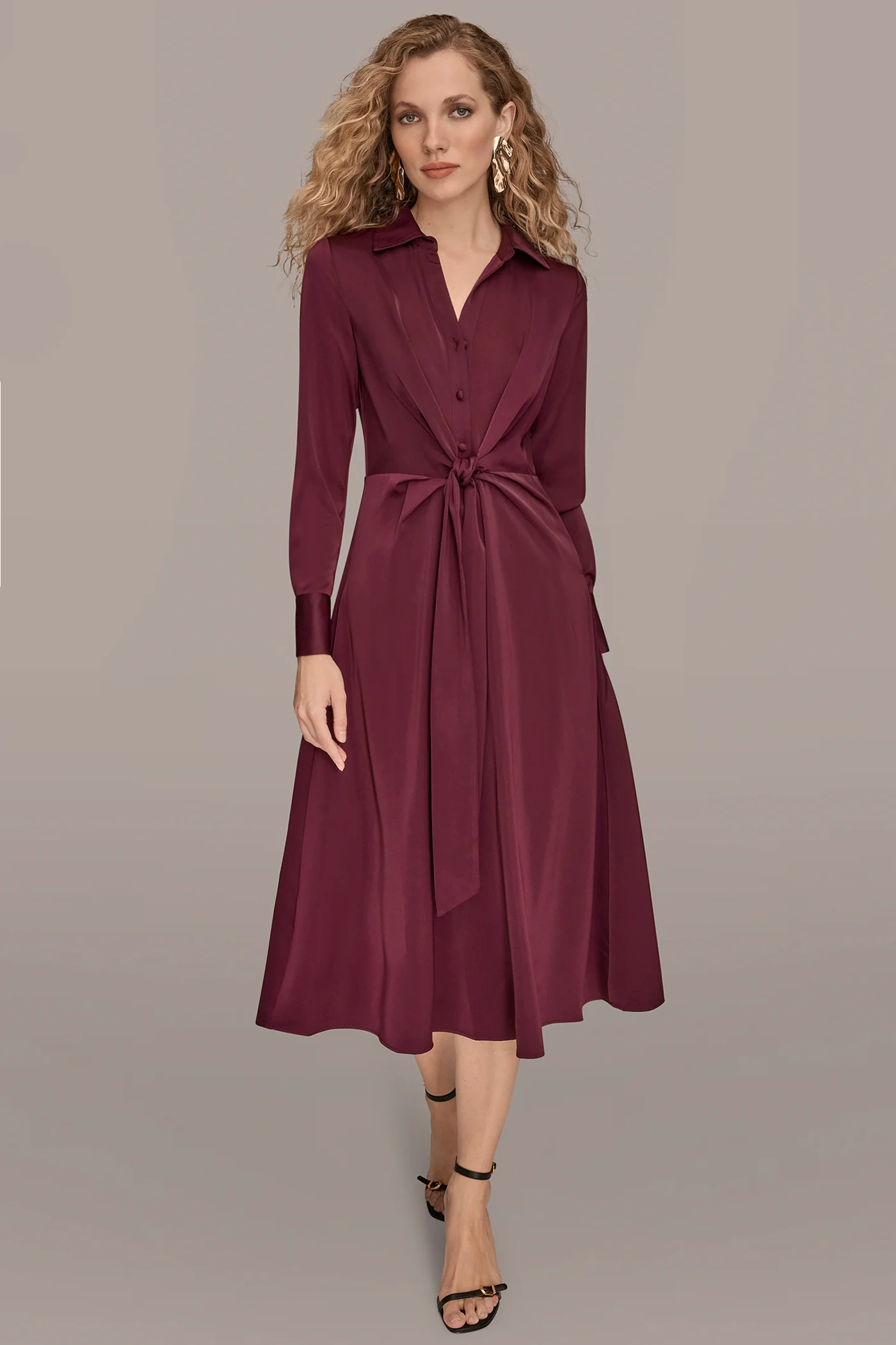 LONG SLEEVE SATIN MIDI SHIRT DRESS - VXVOV