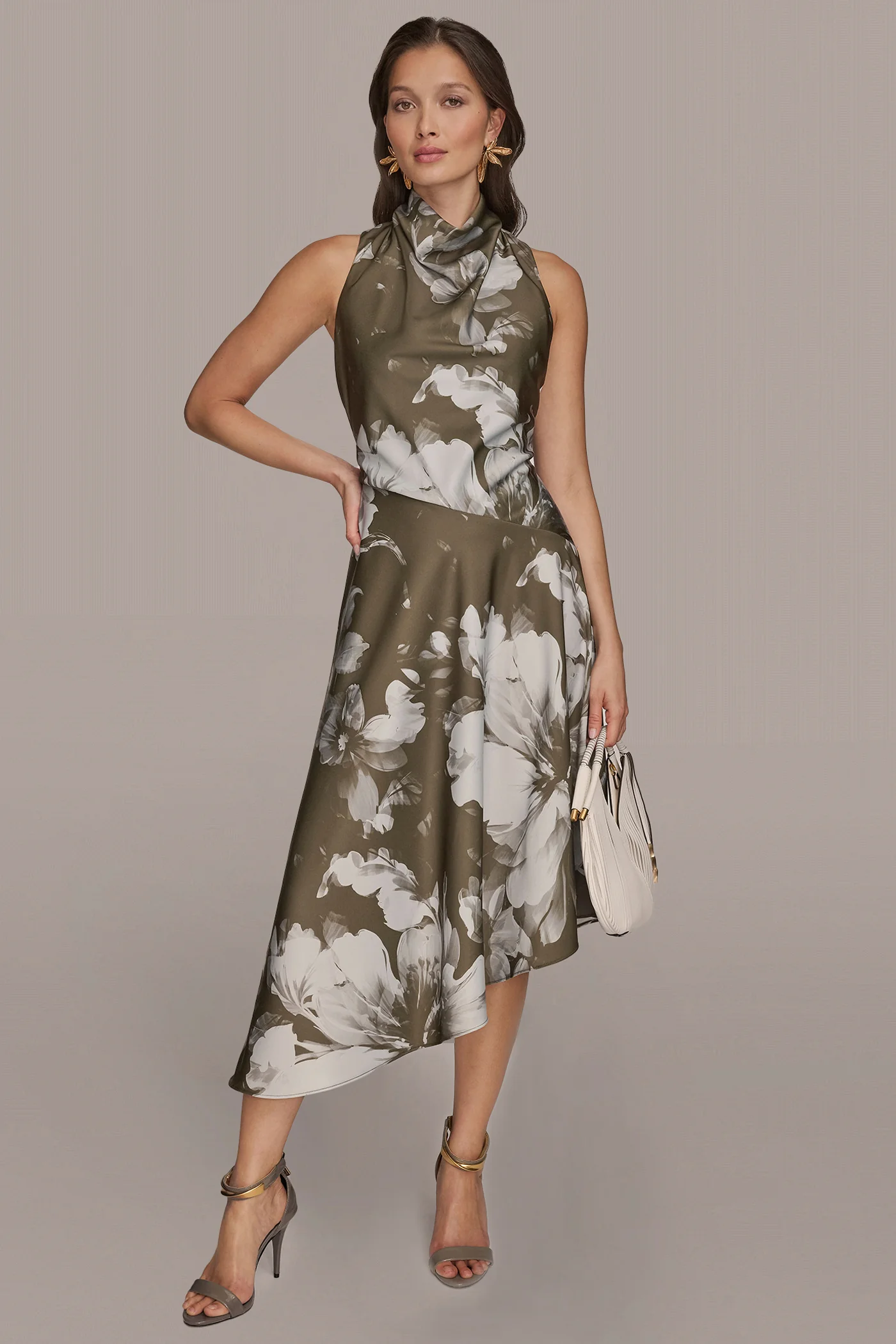 SATIN FLORAL ASYMMETRIC MIDI DRESS - VXVOV