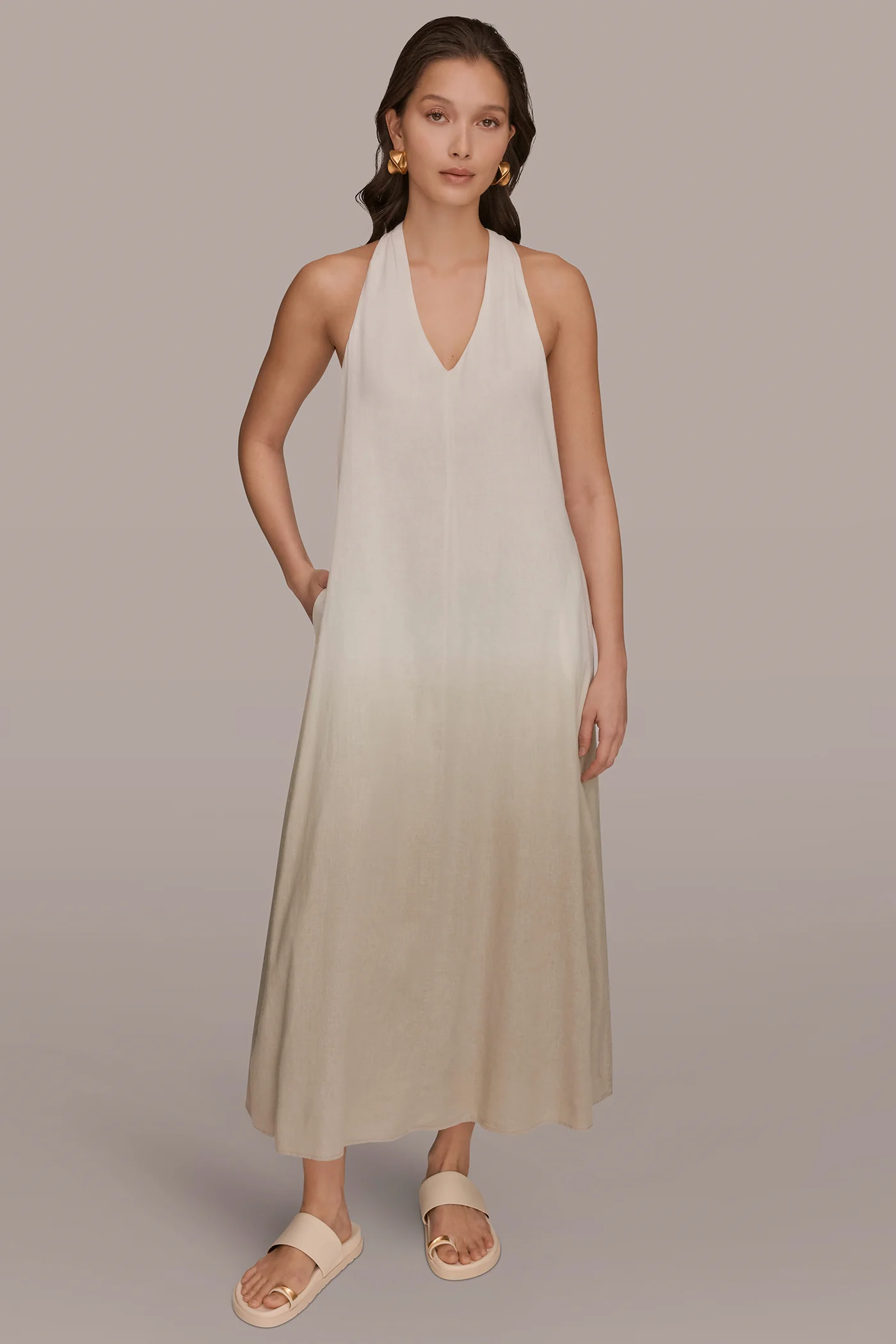 LINEN-BLEND SLEEVELESS OMBR   TWIST-BACK MIDI HALTER DRESS - VXVOV