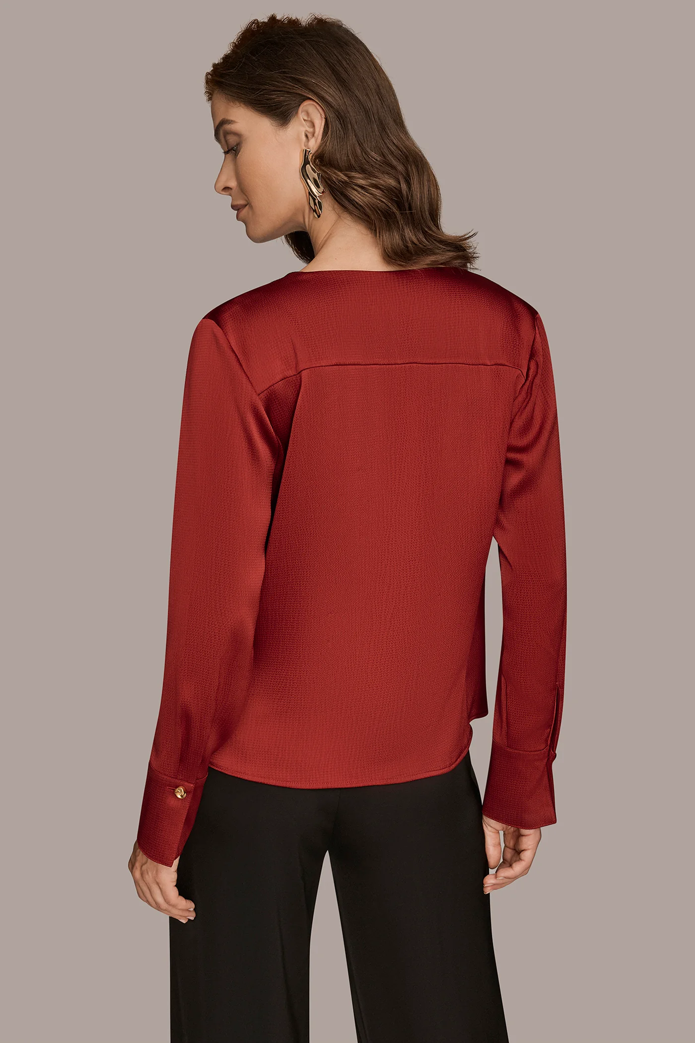 HAMMERED SATIN LONG SLEEVE FAUX WRAP TOP - VXVOV
