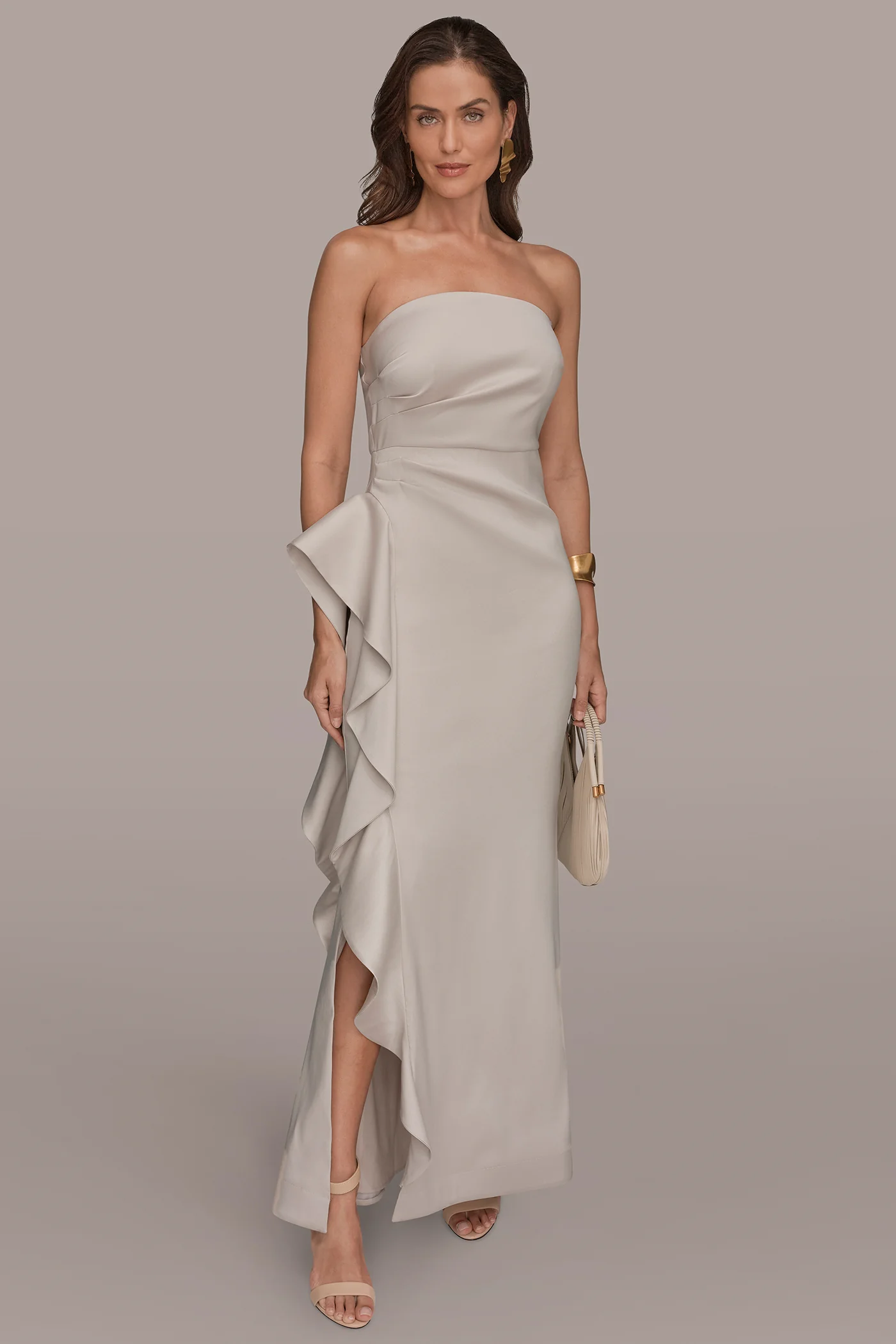 TAFFETA STRAPLESS RUFFLE GOWN - VXVOV