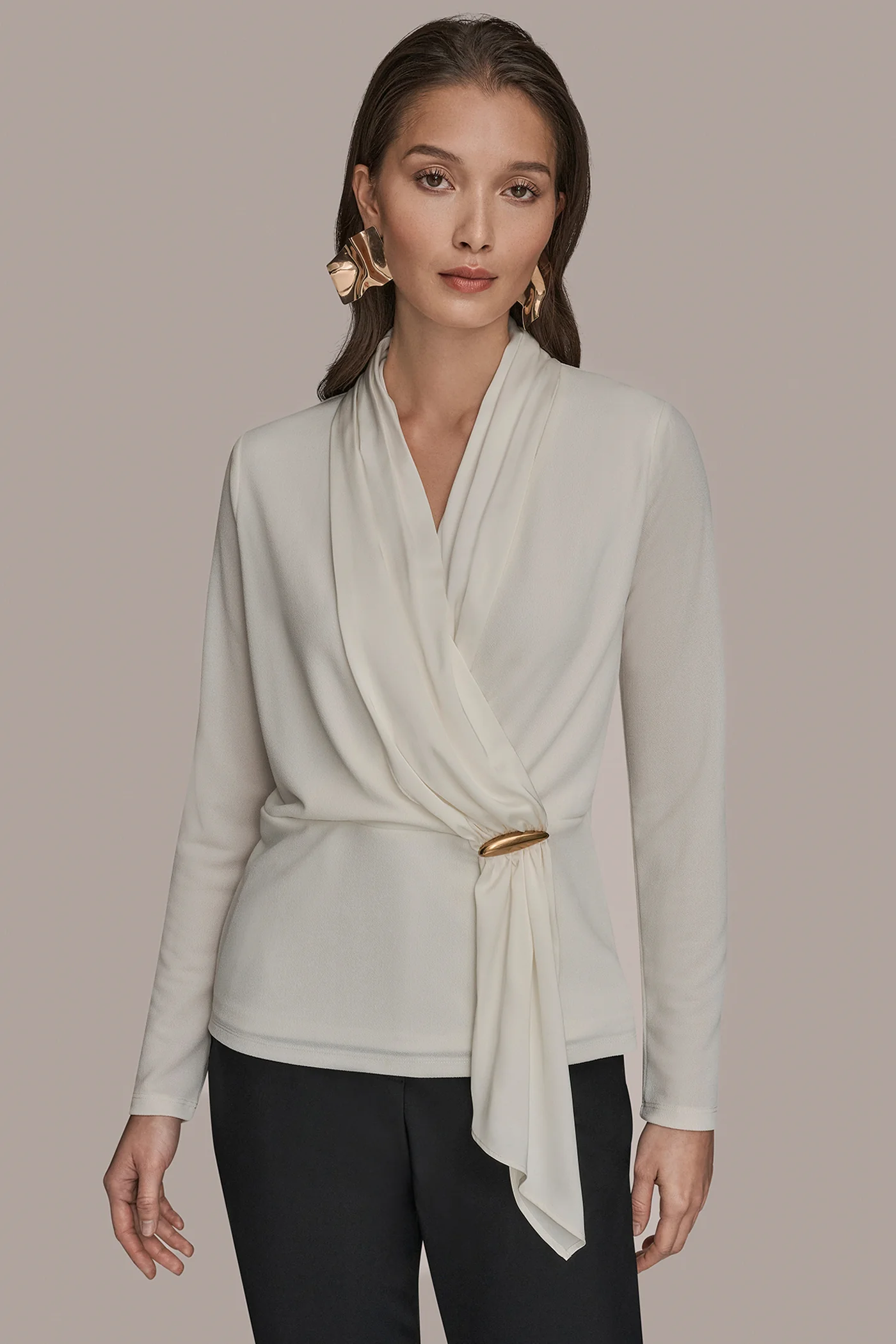 LONG SLEEVE SHAWL-NECK SATIN BLOUSE - VXVOV