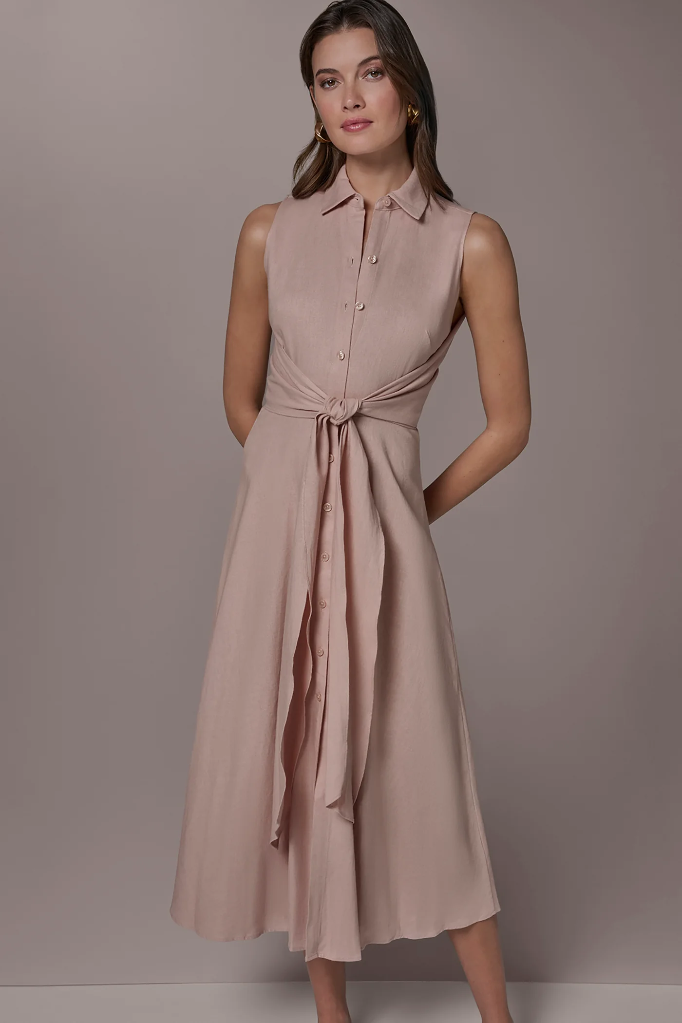 LINEN-BLEND MIDI SHIRT DRESS - VXVOV