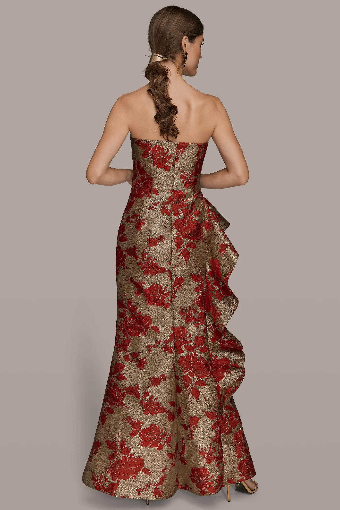 FLORAL-JACQUARD STRAPLESS RUFFLE GOWN - VXVOV