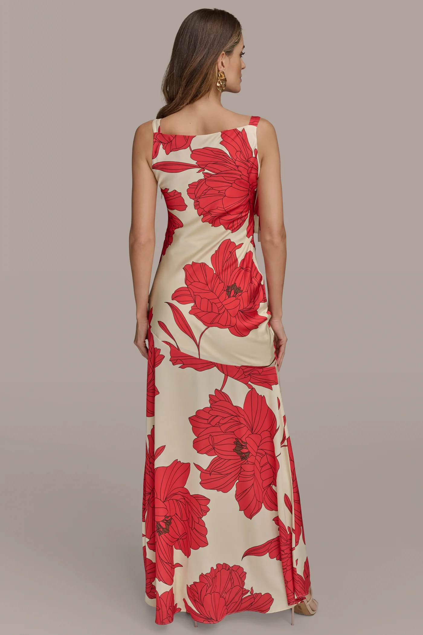 SATIN FLORAL SLEEVELESS BOW GOWN - VXVOV