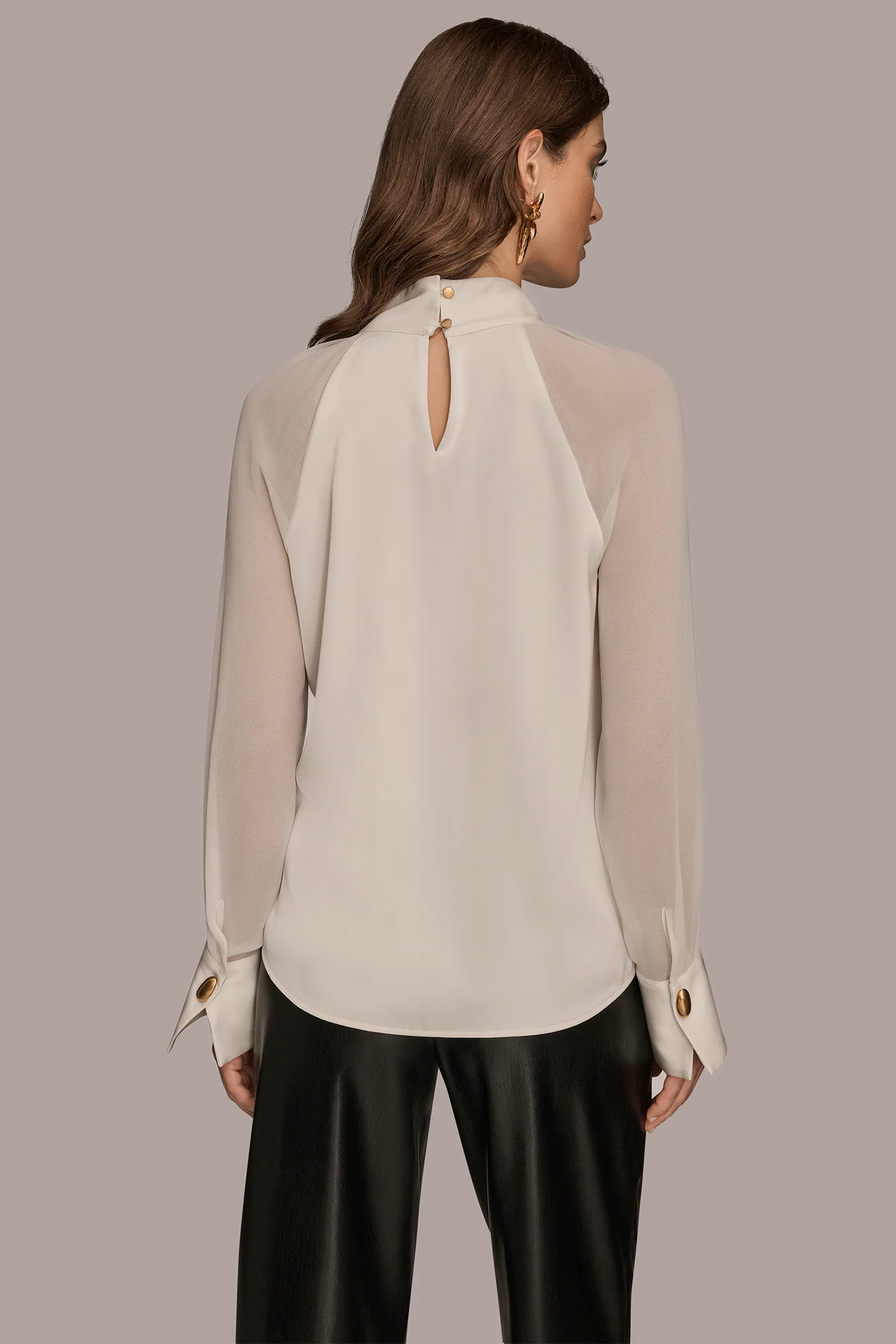 LONG SLEEVE MOCK-NECK PLEATED BLOUSE - VXVOV
