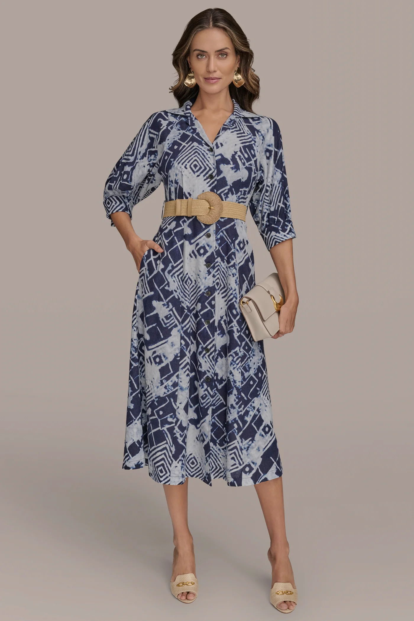 LINEN-BLEND PRINTED MIDI SHIRT DRESS - VXVOV