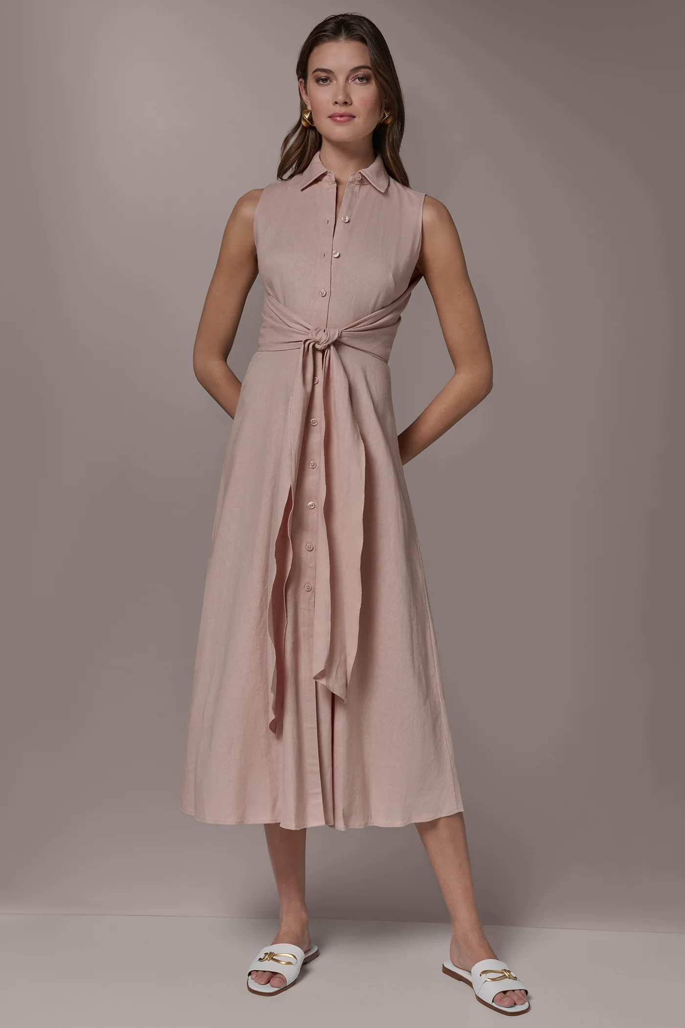 LINEN-BLEND MIDI SHIRT DRESS - VXVOV