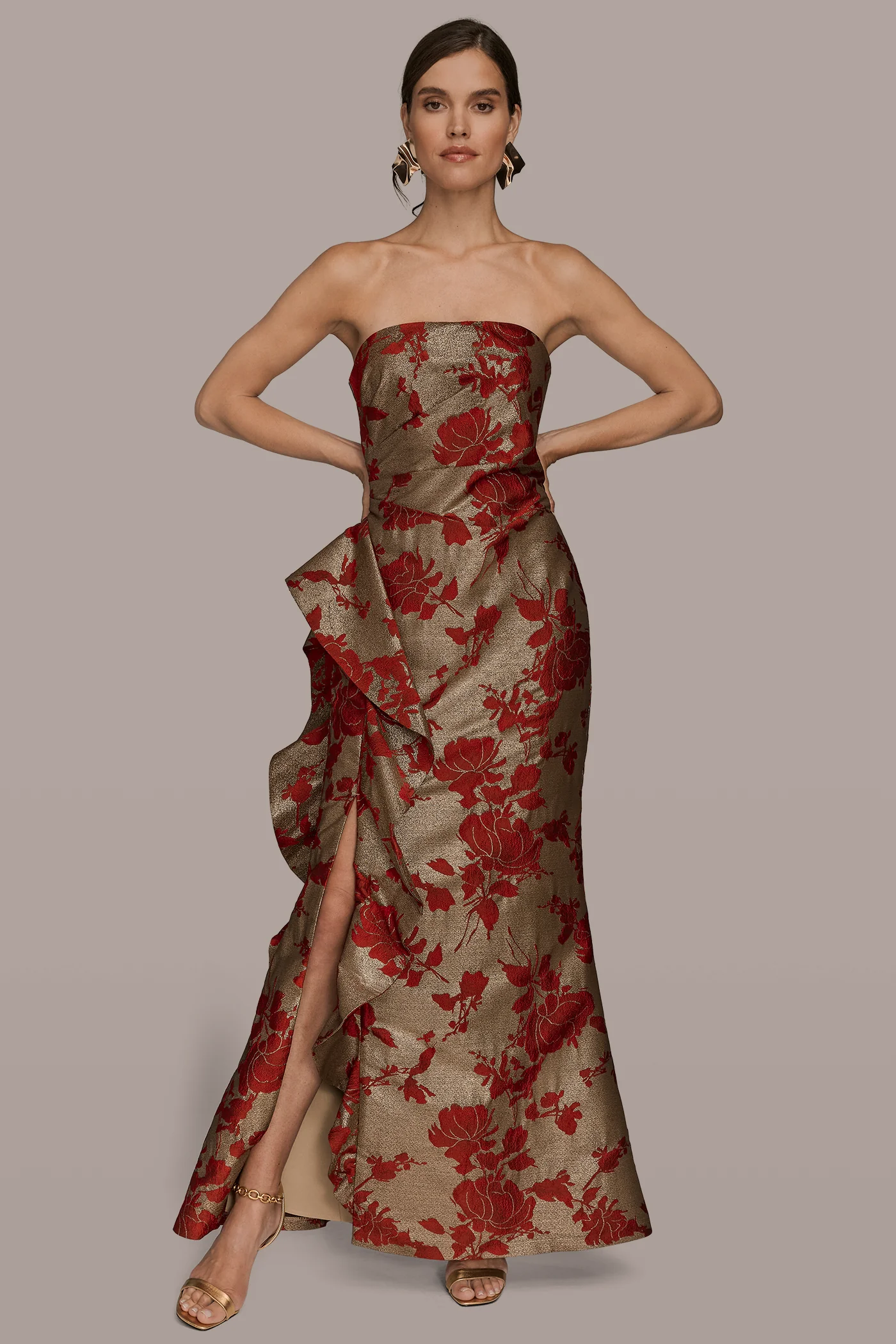 FLORAL-JACQUARD STRAPLESS RUFFLE GOWN - VXVOV