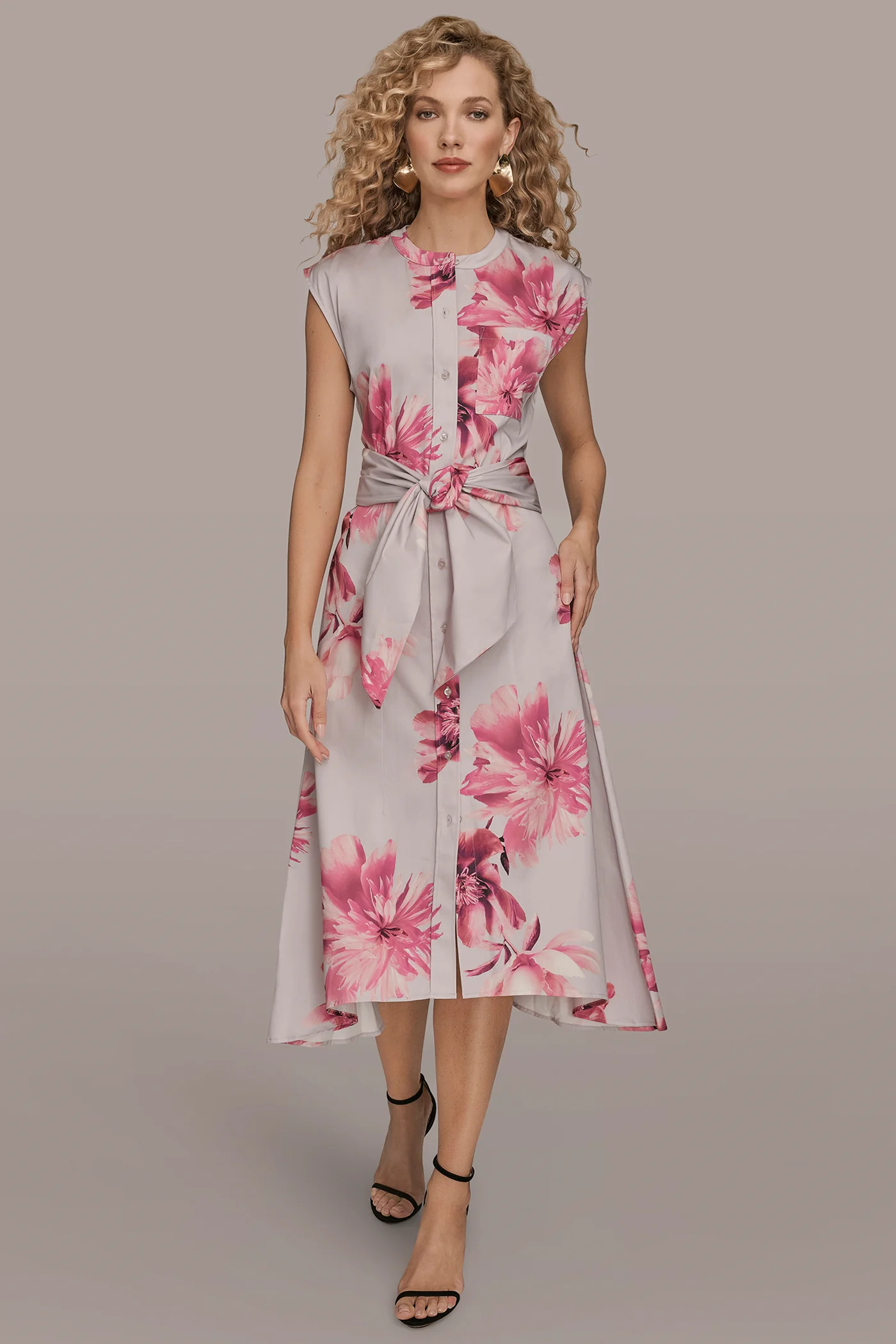 PRINT CAP SLEEVE DRESS WITH WIDE TIE WAIST - VXVOV
