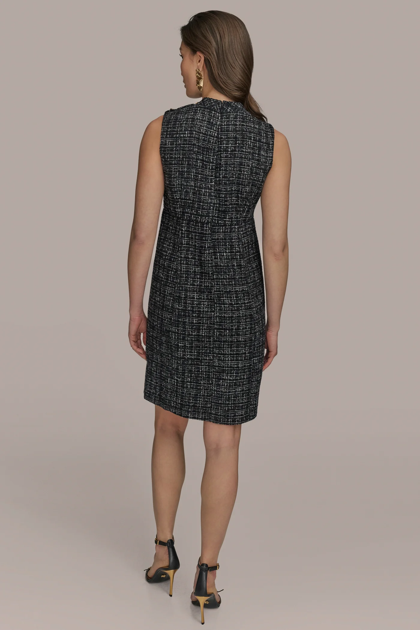 SLEEVELESS METALLIC TWEED SHEATH DRESS - VXVOV