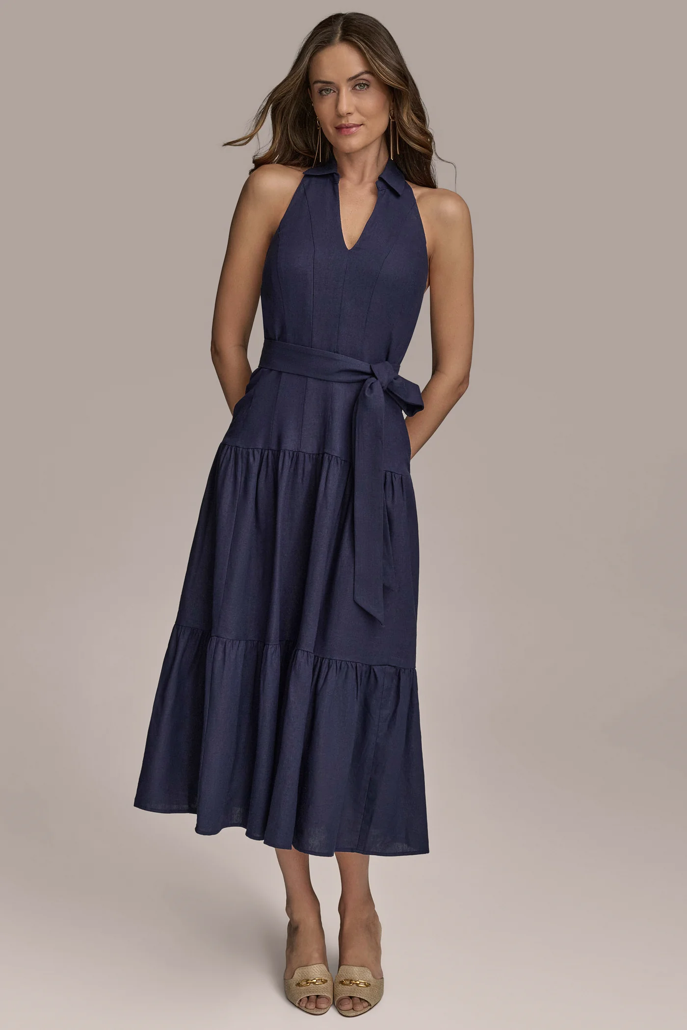 LINEN-BLEND HALTER MIDI DRESS - VXVOV