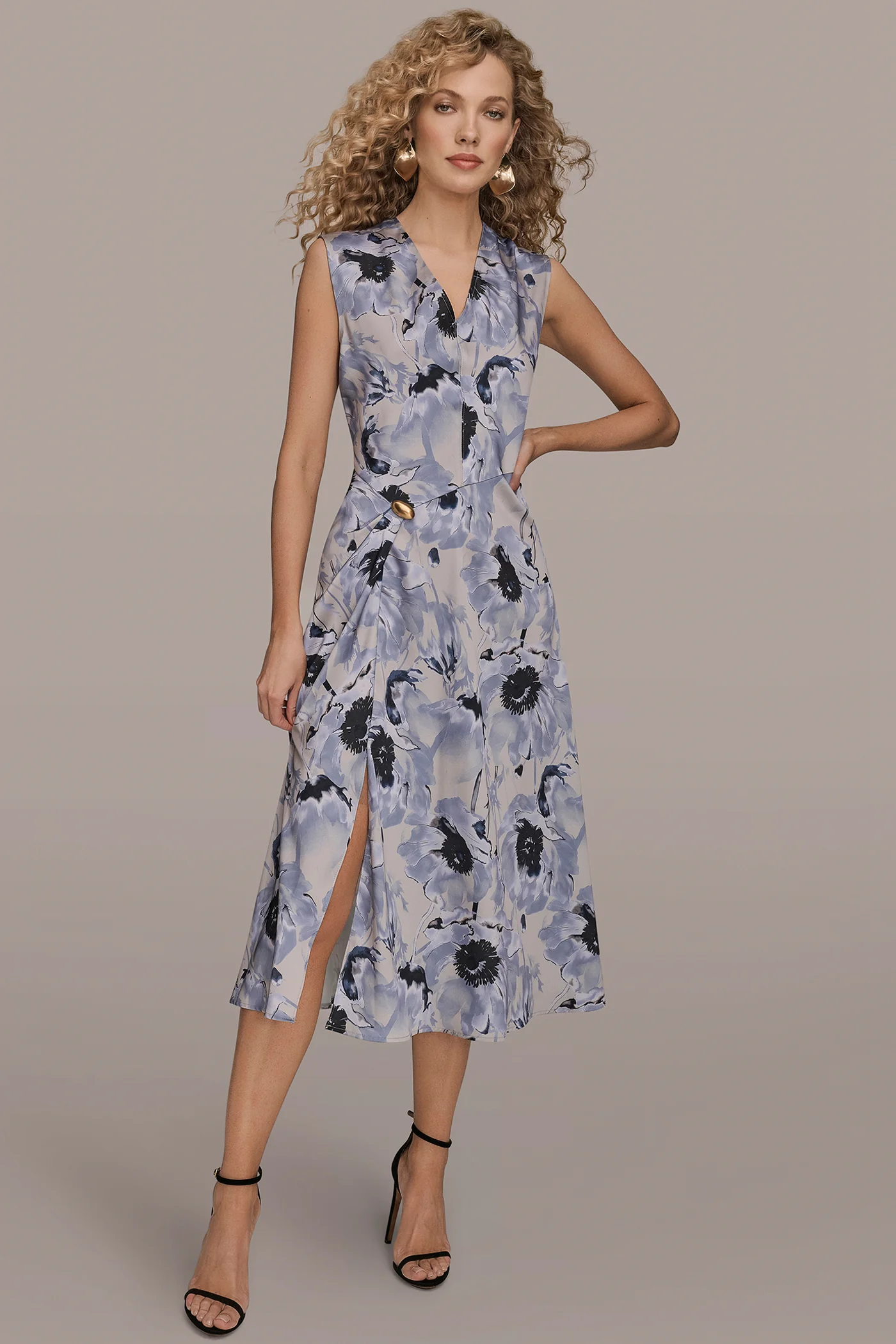 CAP SLEEVE V-NECK PRINTED MIDI DRESS - VXVOV