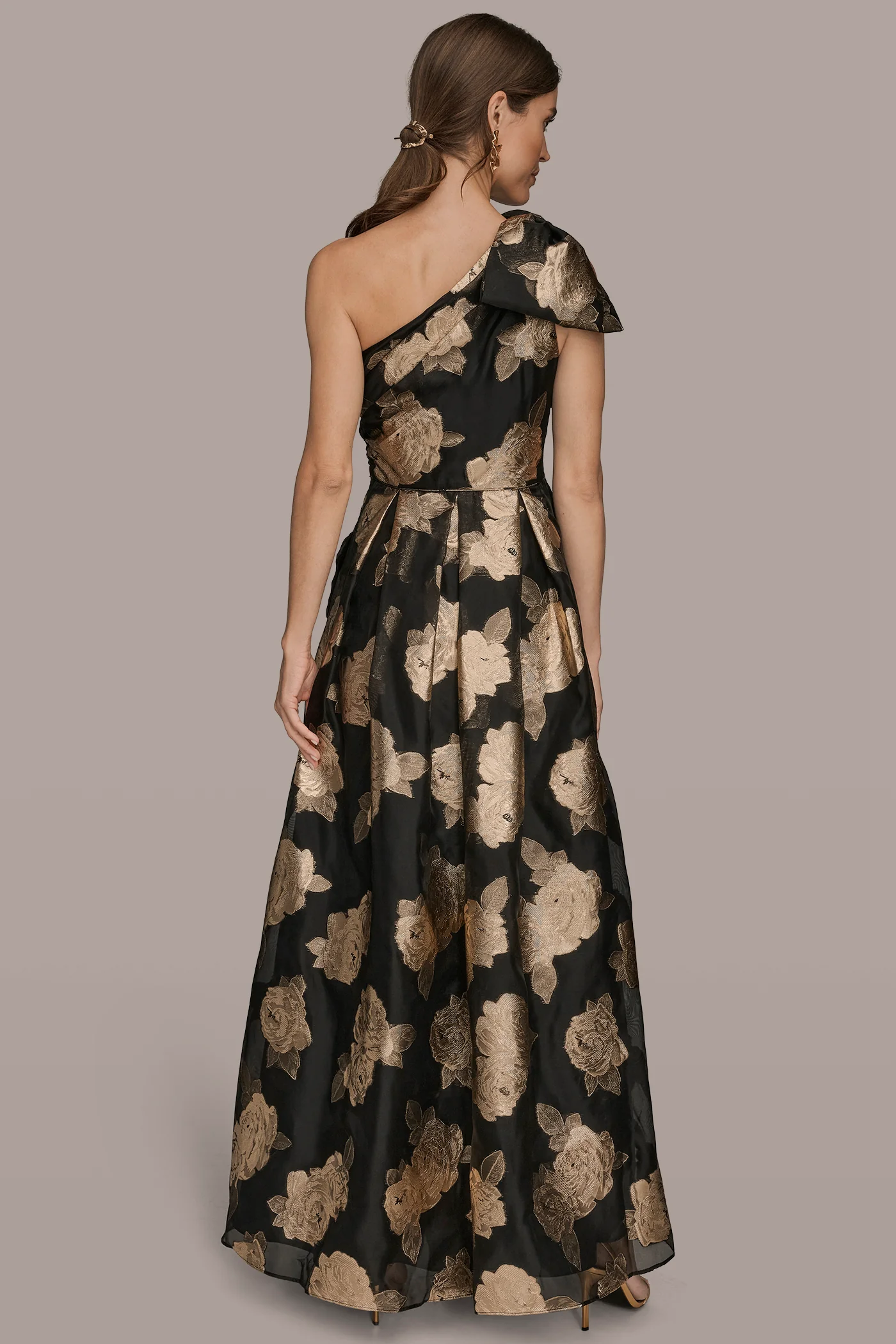 FLORAL-JACQUARD ONE-SHOULDER BOW GOWN - VXVOV