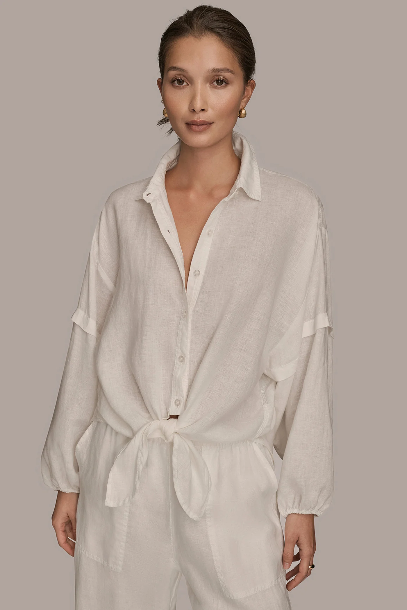 LINEN BLOUSON SLEEVE TIE-FRONT SHIRT - VXVOV