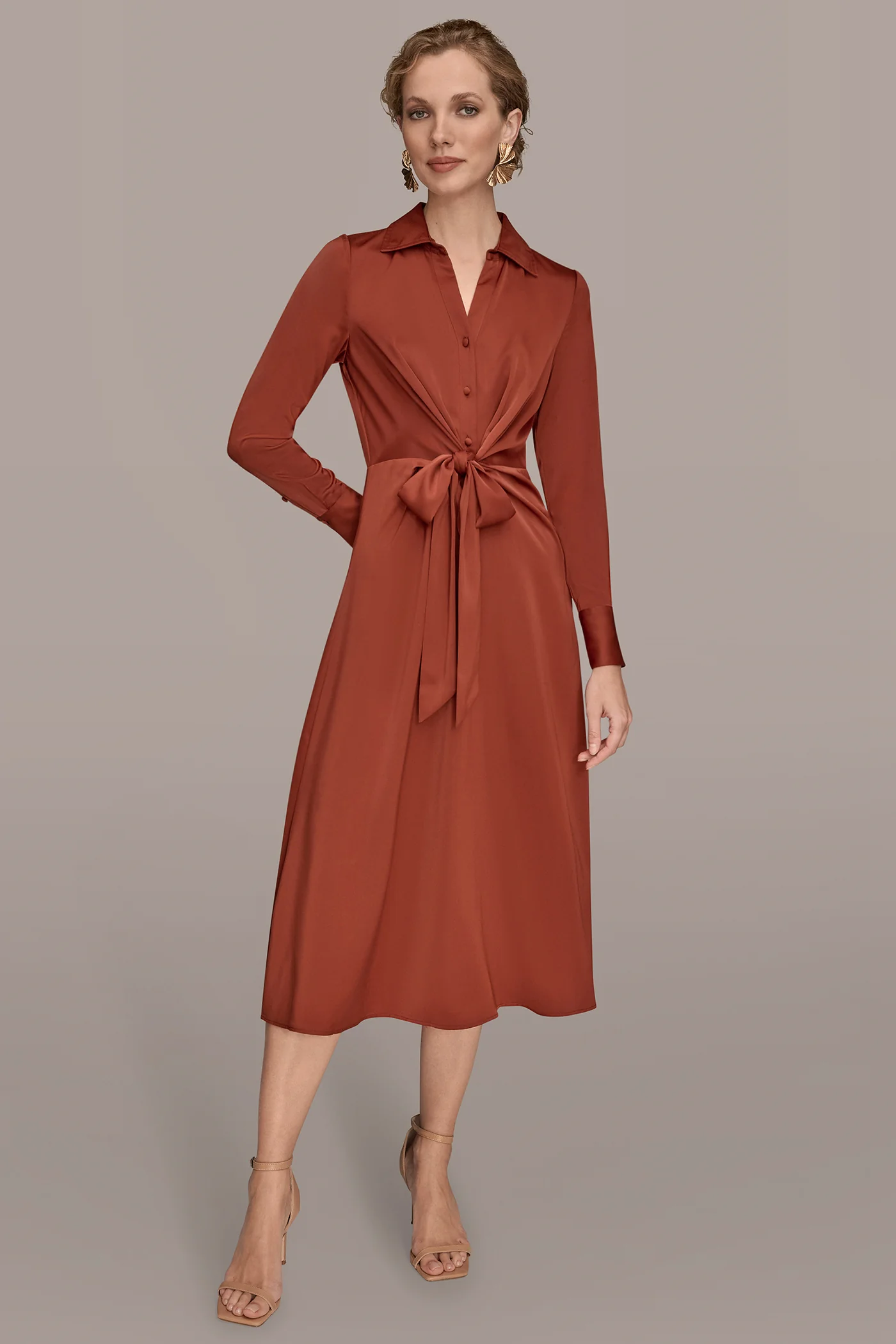 LONG SLEEVE SATIN MIDI SHIRT DRESS - VXVOV