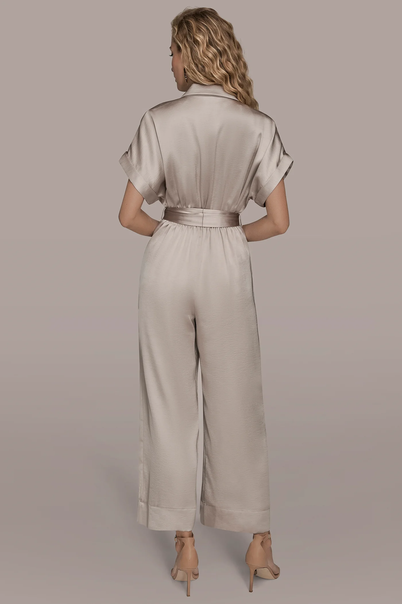 SATIN SHORT SLEEVE TIE-FRONT JUMPSUIT - VXVOV