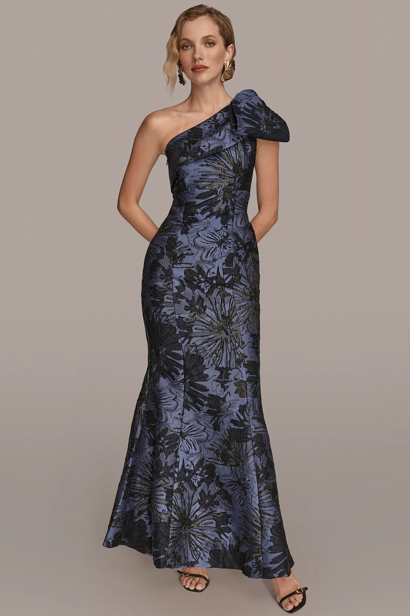 FLORAL BROCADE ONE-SHOULDER BOW GOWN - VXVOV