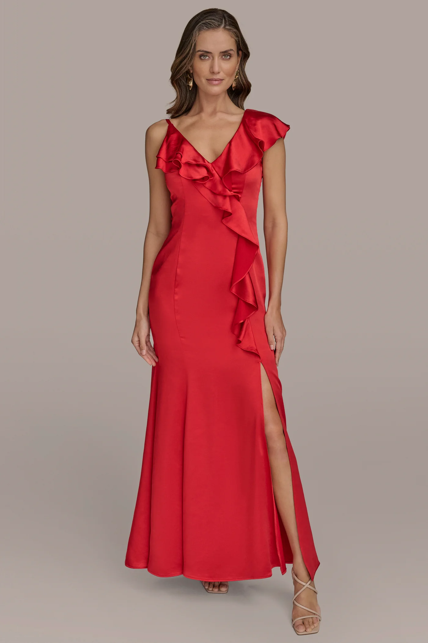 SATIN SLEEVELESS ASYMMETRIC RUFFLE GOWN - VXVOV