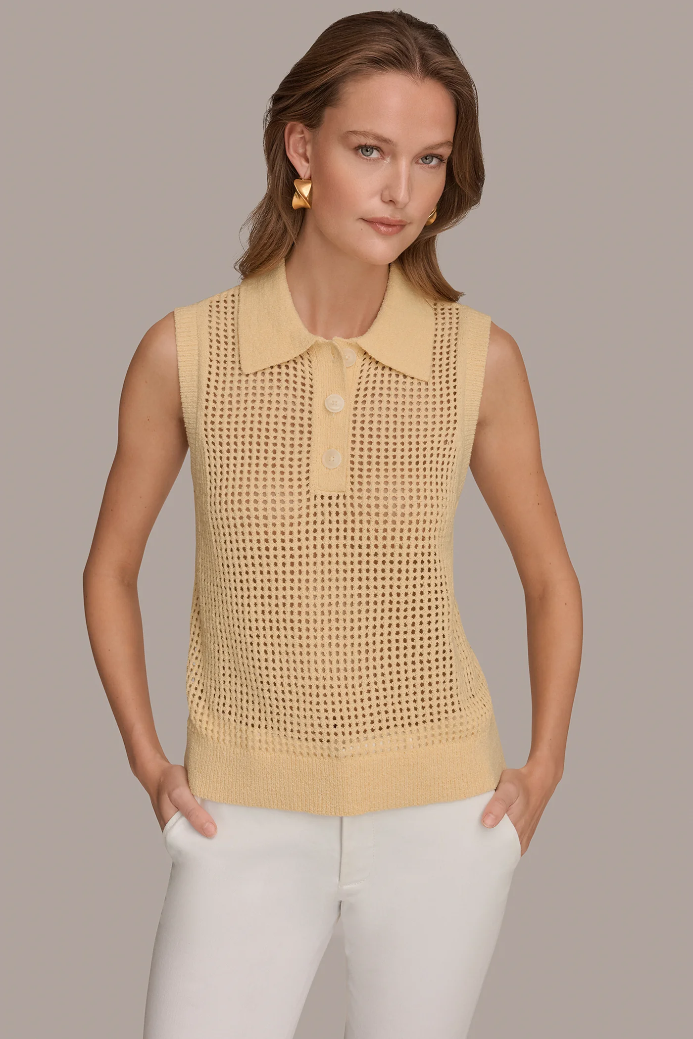 COTTON-BLEND SLEEVELESS OPEN STITCH POLO SWEATER - VXVOV