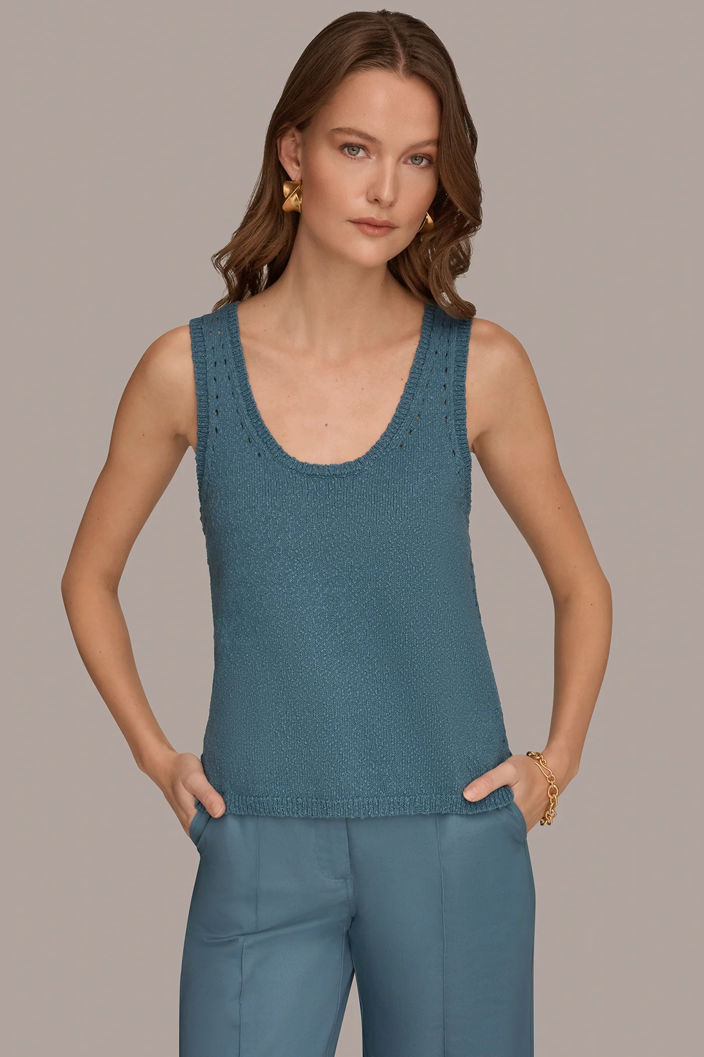 COTTON SLEEVELESS POINTELLE STITCH TANK - VXVOV