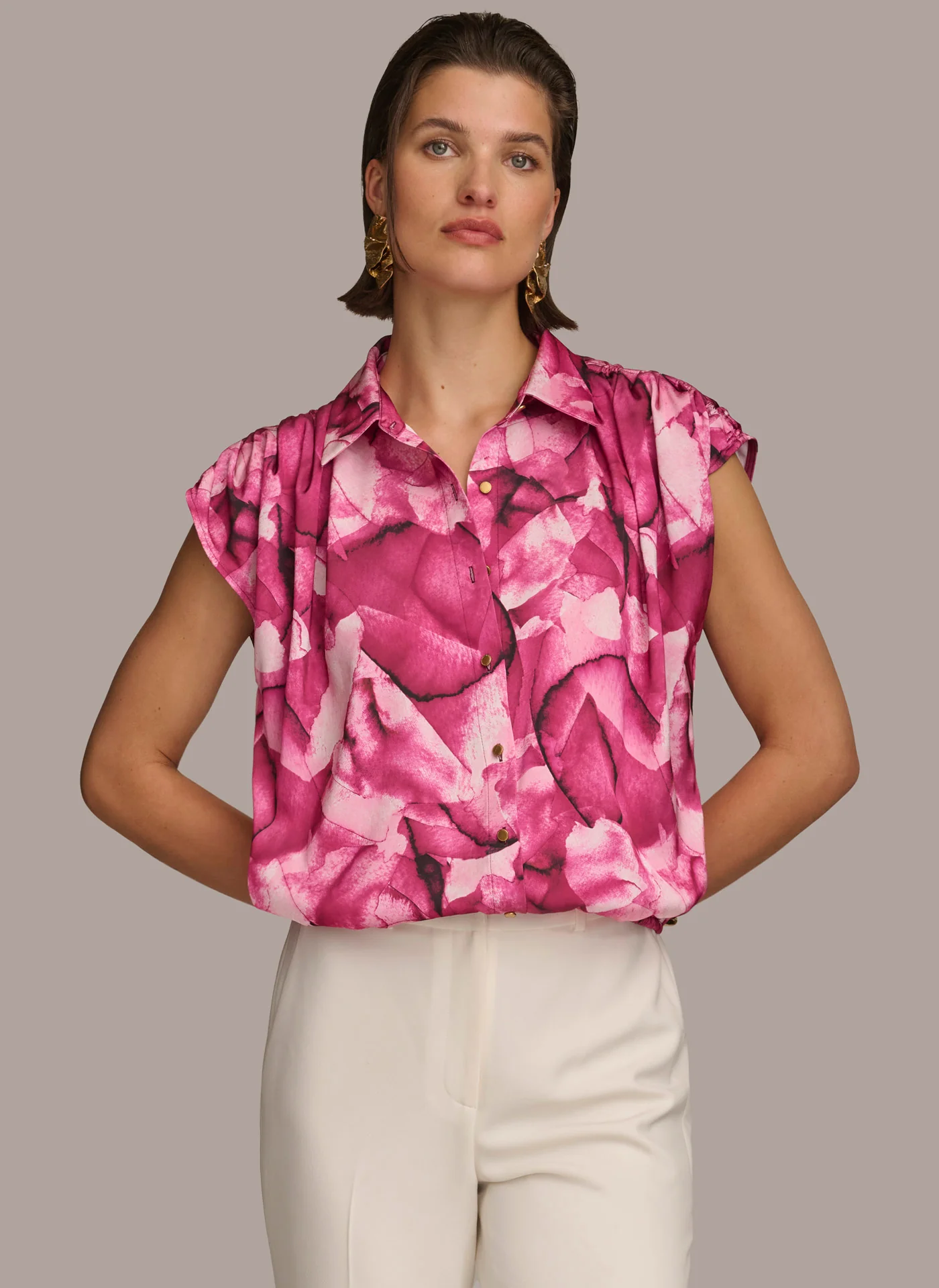 PRINT CINCHED SHOULDER BLOUSE - VXVOV