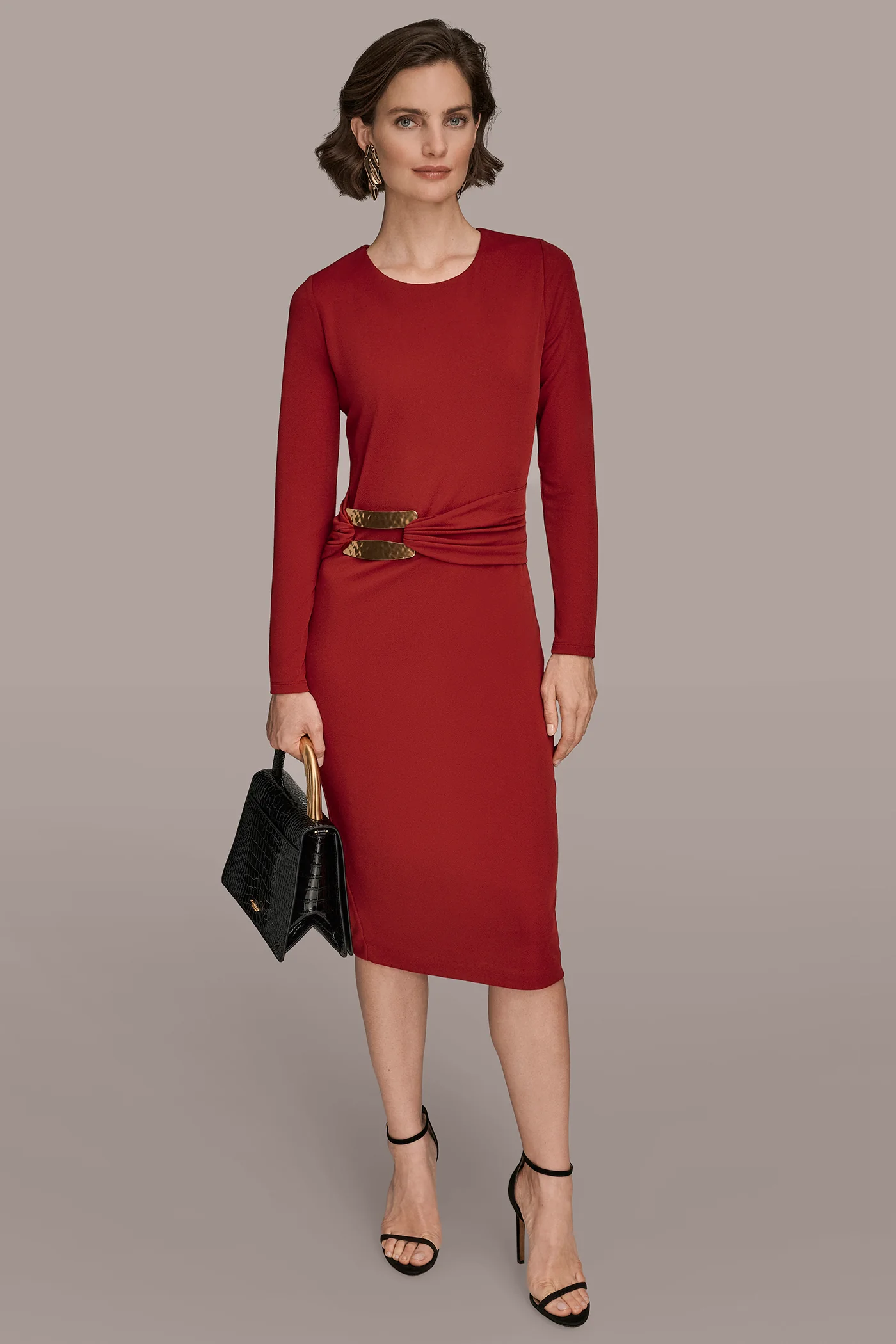 LONG SLEEVE CREW-NECK ASYMMETRIC SHEATH DRESS - VXVOV
