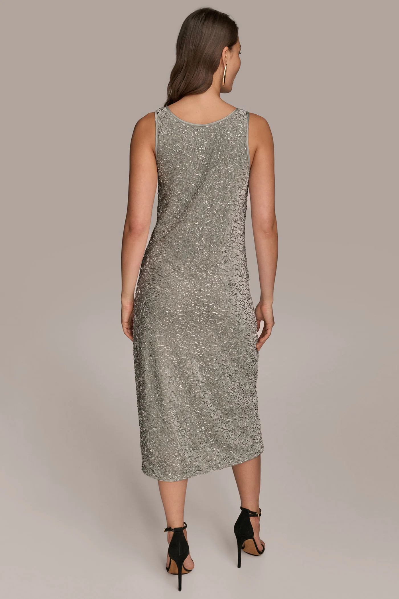 SLEEVELESS BEADED VELVET MIDI DRESS - VXVOV